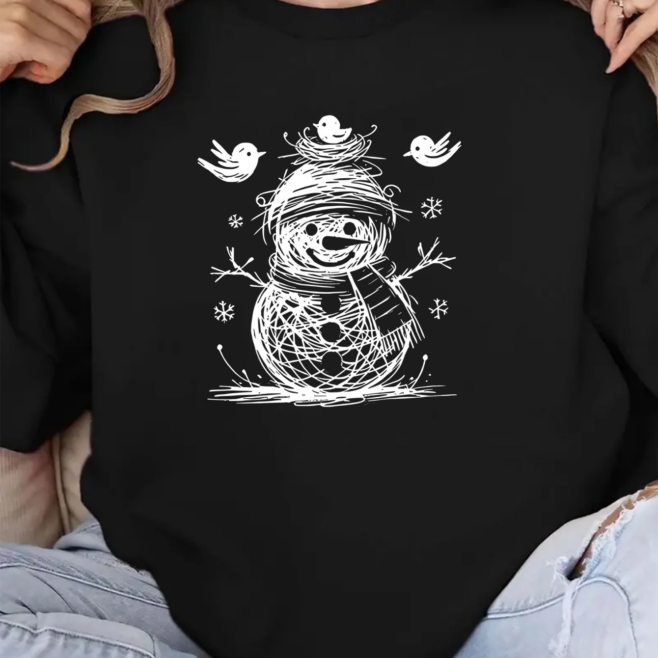 TEMU T-shirt graphique avec un de neige dessiné à et des petits oiseaux, cadeau pour des fêtes d'hiver