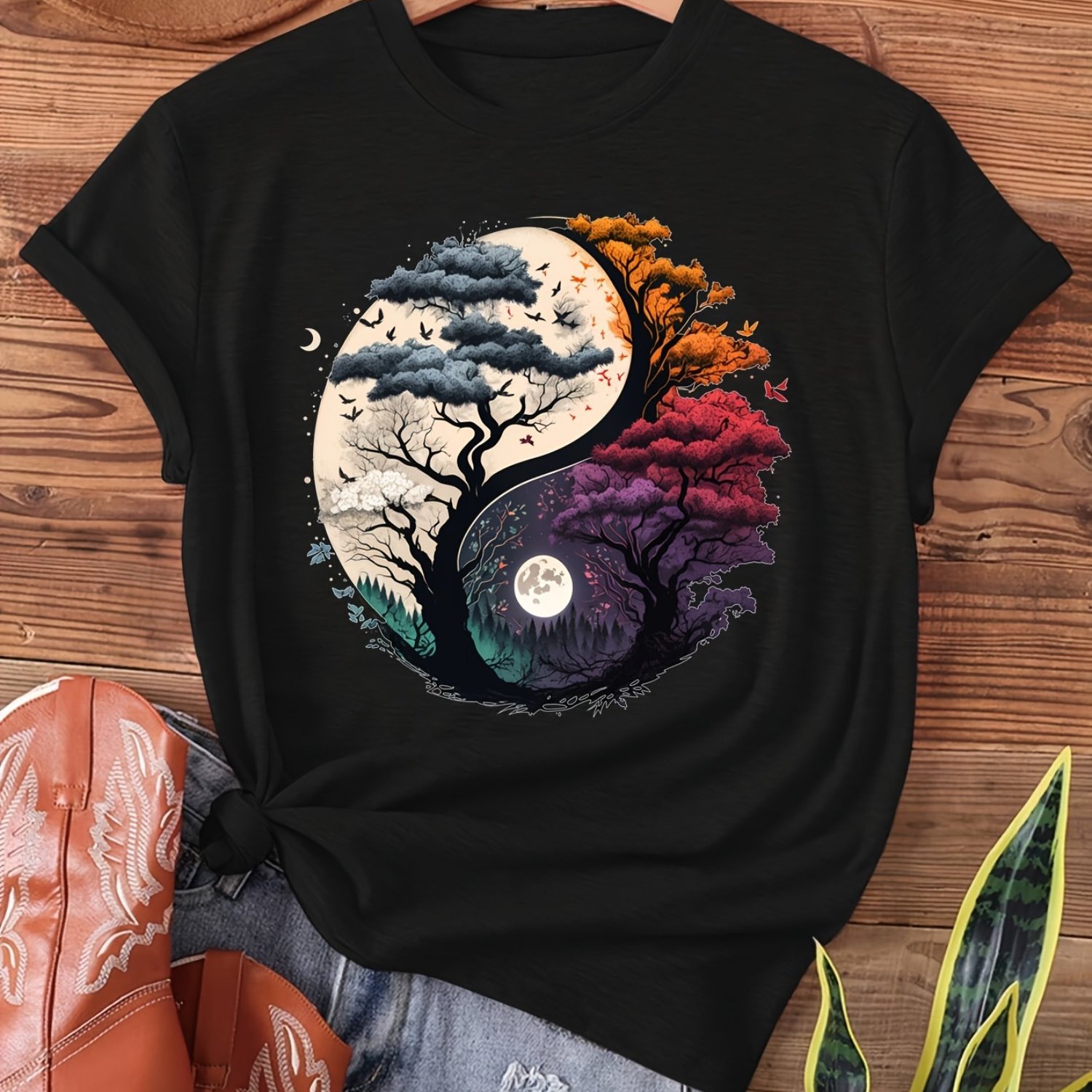 TEMU Yin-yang Unisex T-shirt – Black Short-sleeve Crew Neck Summer Essential, Nature-inspired Artwork, Relaxed Fit | Tree Print T-shirt | Comfortable