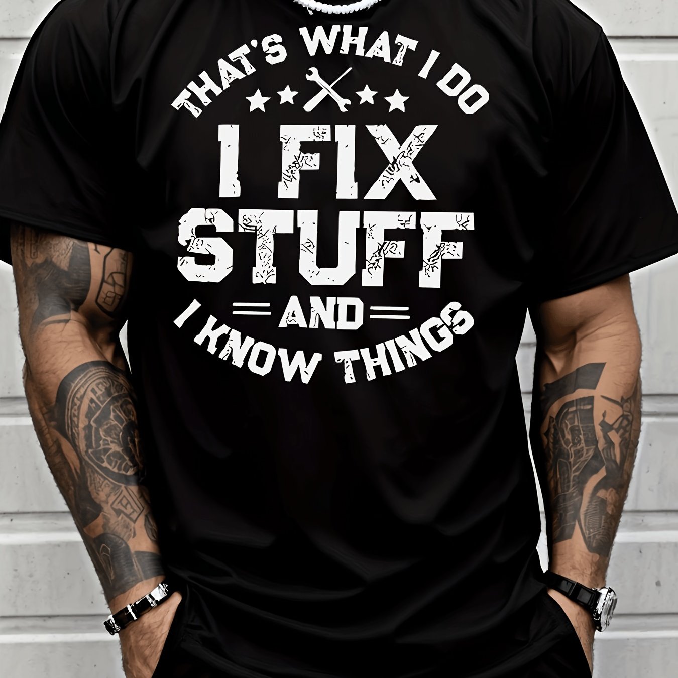 TEMU T-shirt unisexe avec motivante (Je répare tout et je des choses) – T-shirt graphique noir à manches courtes, décontracté, coupe décontractée |