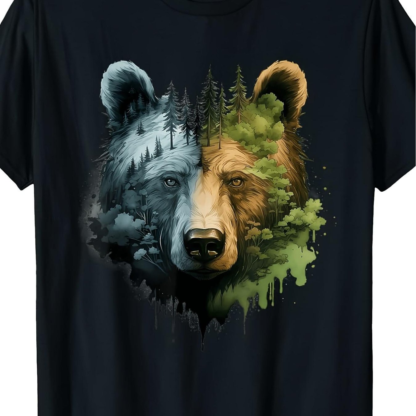 TEMU T-shirt Rétro Ours Forêt, Graphique Vintage avec Portrait d'Ours, Col Rond, Décontracté, Lavable en Machine, Vêtement sur le Thème de la Nature,