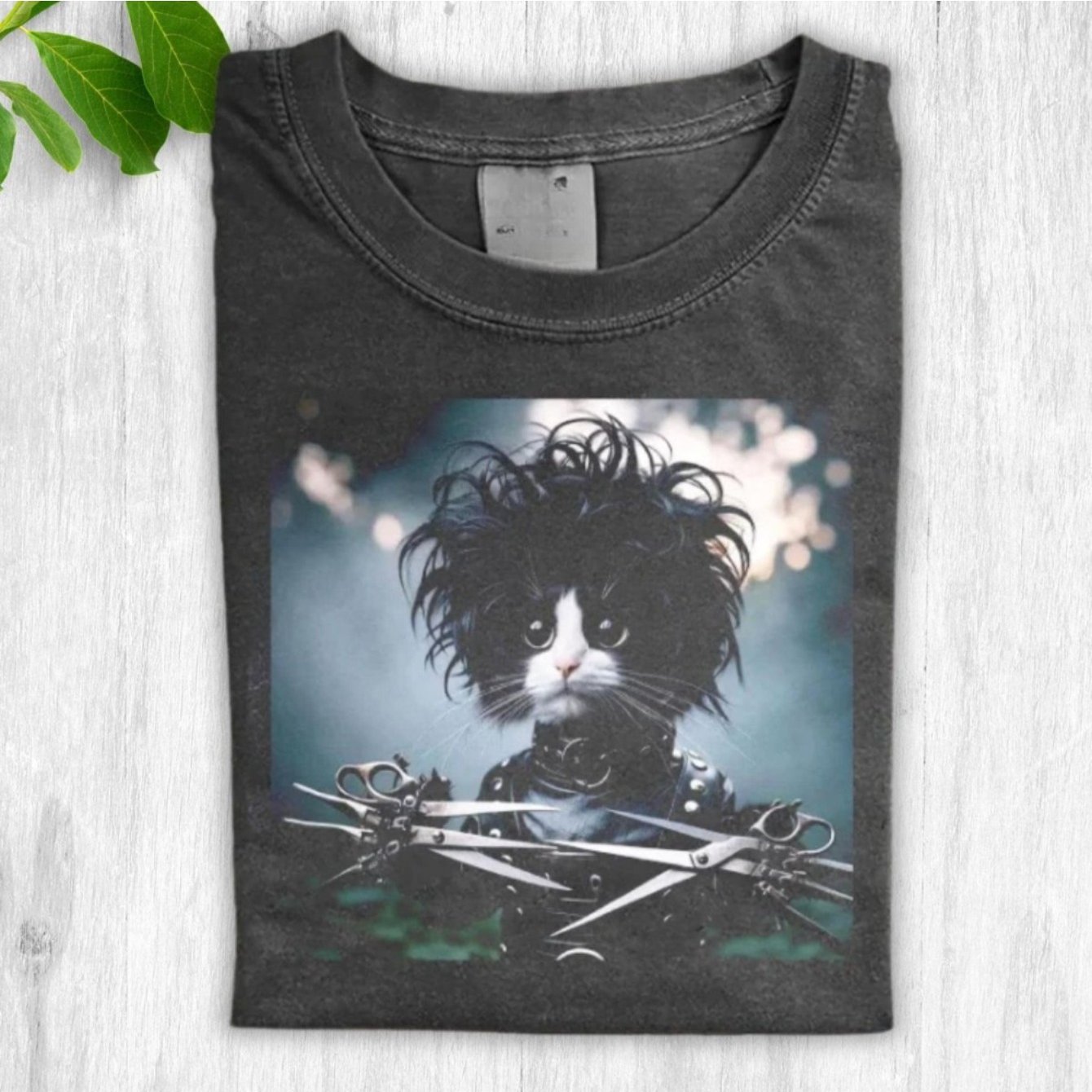 TEMU Unisex Casual Printed T-shirt (whiskered Scissor Cat Design) – Dark Gray Short-sleeve Crew Neck Summer Style, Trendy Essential, Relaxed Fit |