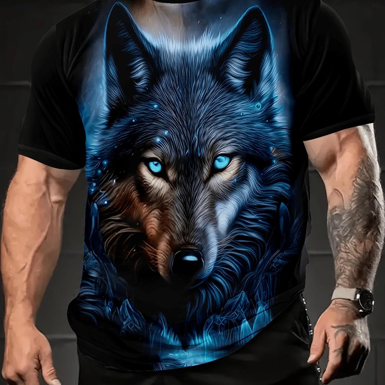 TEMU Unisex Casual Printed T-shirt ( Wolf Design With Blue Accents) – Black Short-sleeve Crew Neck Summer Style, Adventure Essential, Relaxed Fit |