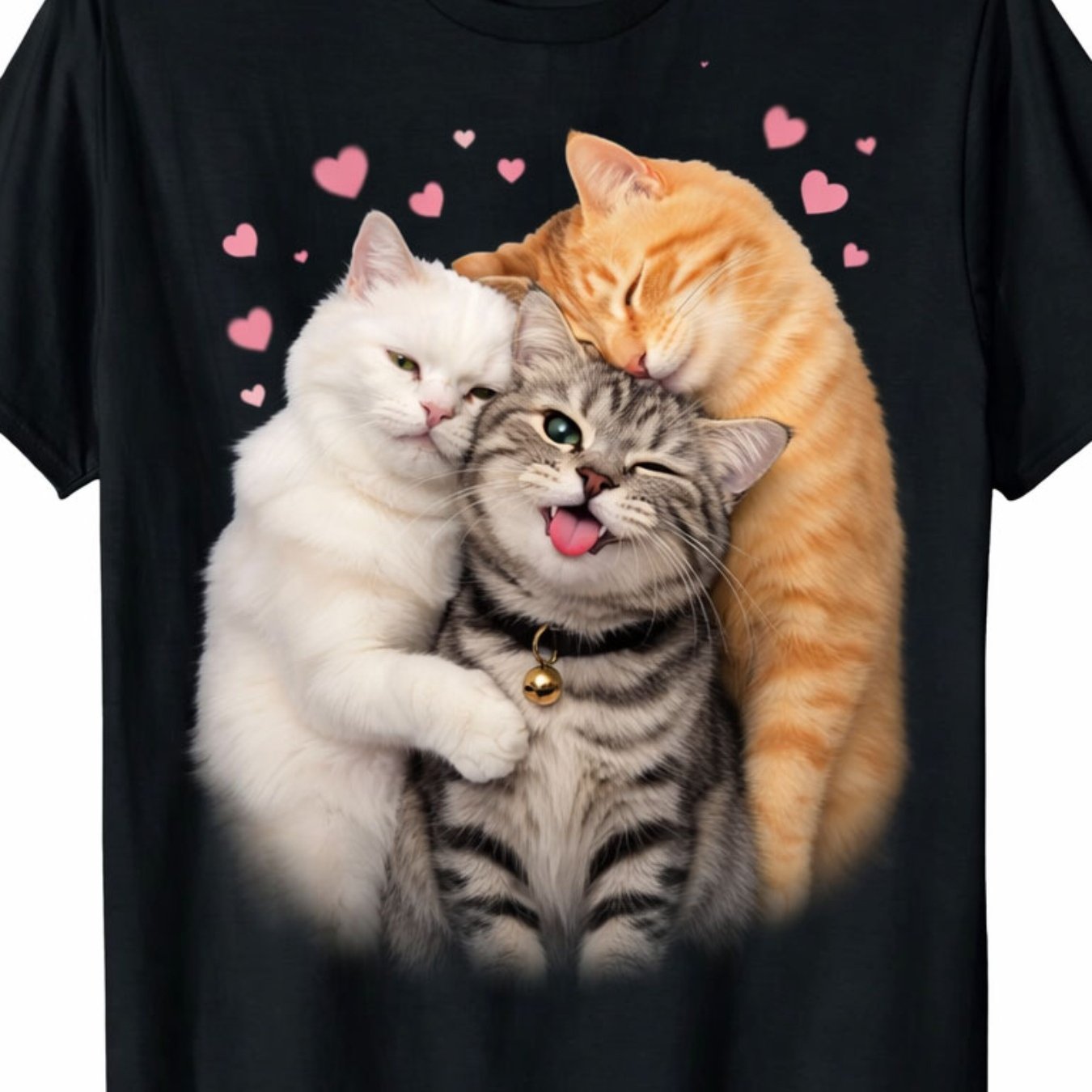 TEMU T-shirt Adorable Trio Chat (Chats Mignons avec Coeur) – Noir Manches Courtes Col Rond Style Été, Parfait pour des Animaux, Décontracté, Coupe