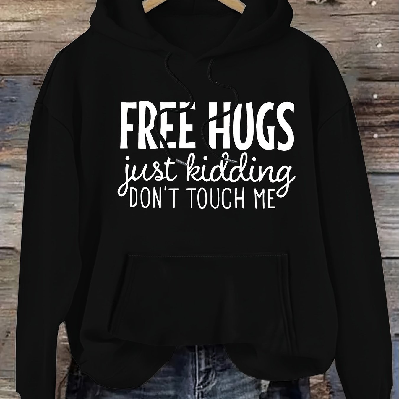 TEMU Sweat à capuche noir pour femme 1pièce unisexe, mode décontractée, imprimé de lettres, coupe ample, pull à manches longues avec poches, tissu en