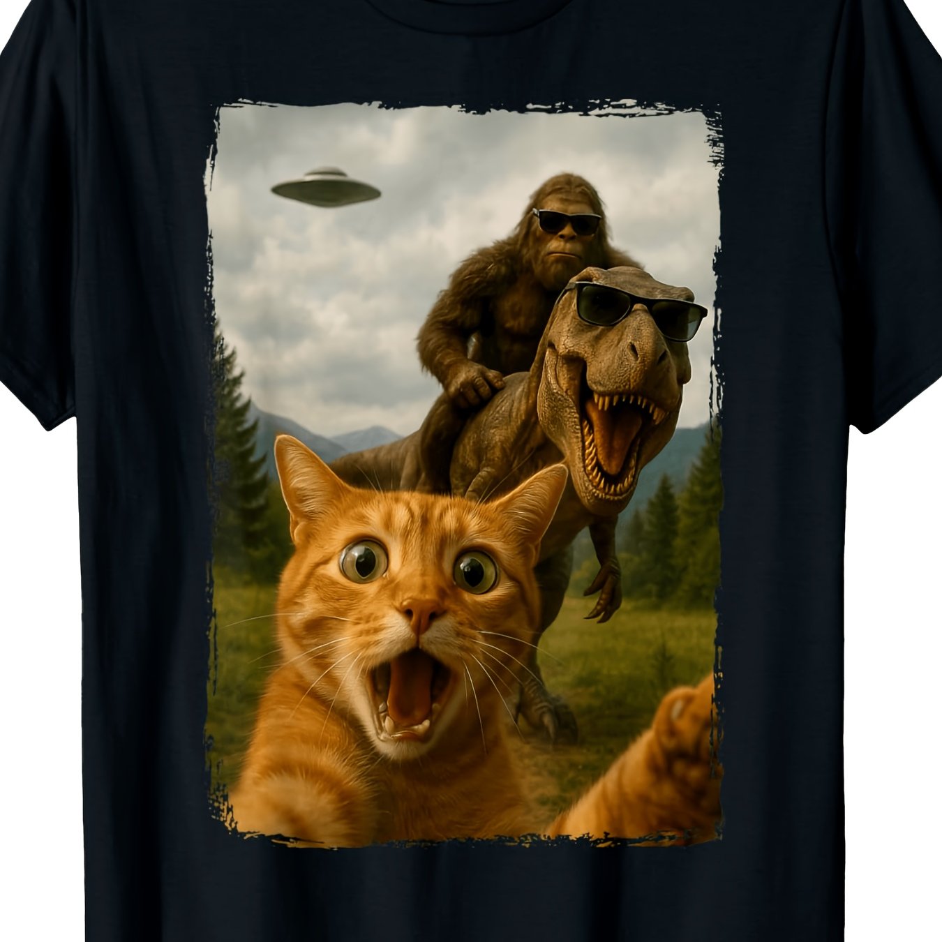 TEMU Adventure Awaits Unisex Graphic T-shirt (dinosaur, Cat, And Ufo) – Black Short-sleeve Crew Neck , Whimsical Essential, Relaxed Fit | Jurassic