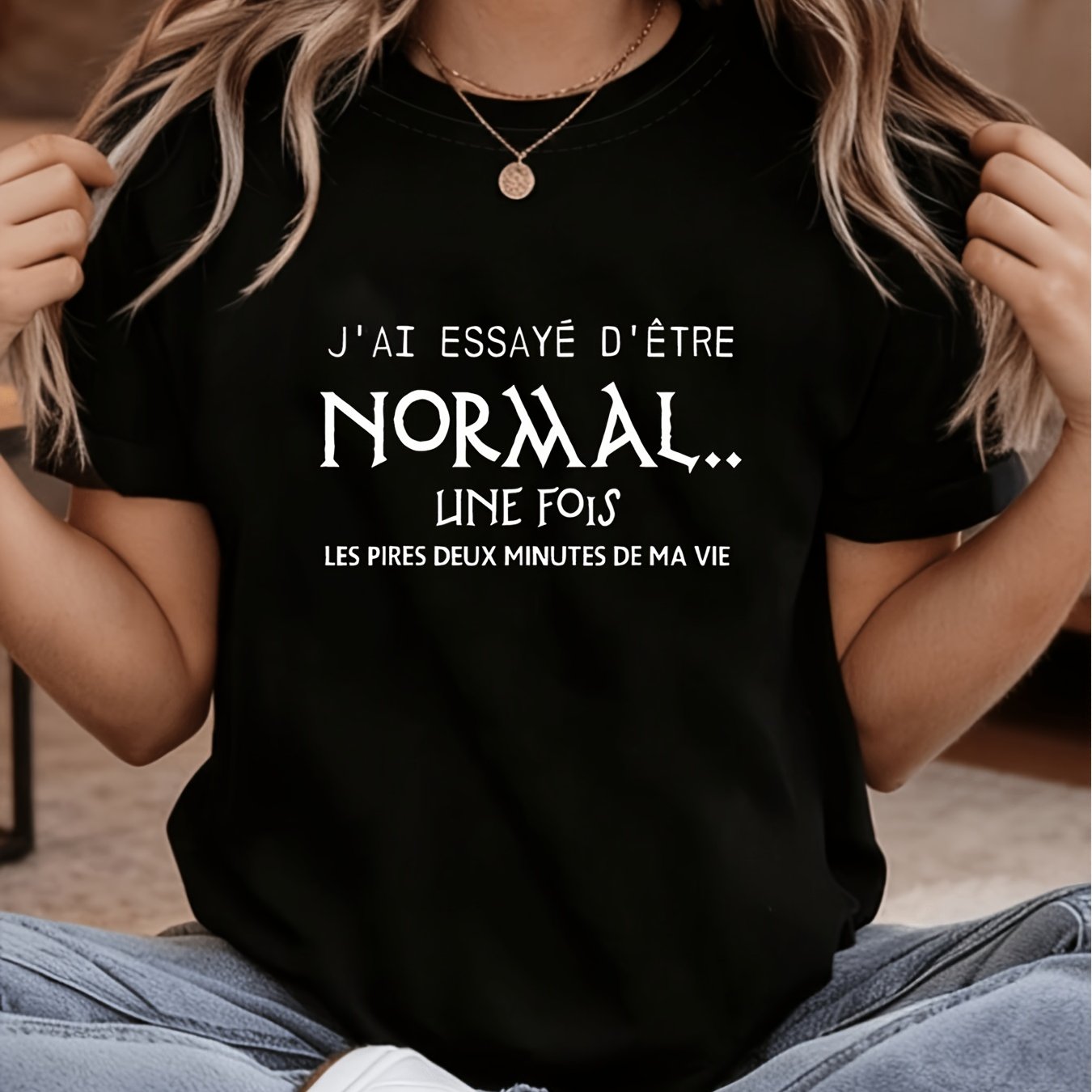TEMU T-shirt femme à manches courtes et col rond, imprimé "French I Being Normal (Worst Two Minutes of My Life)", haut décontracté pour l'été et .
