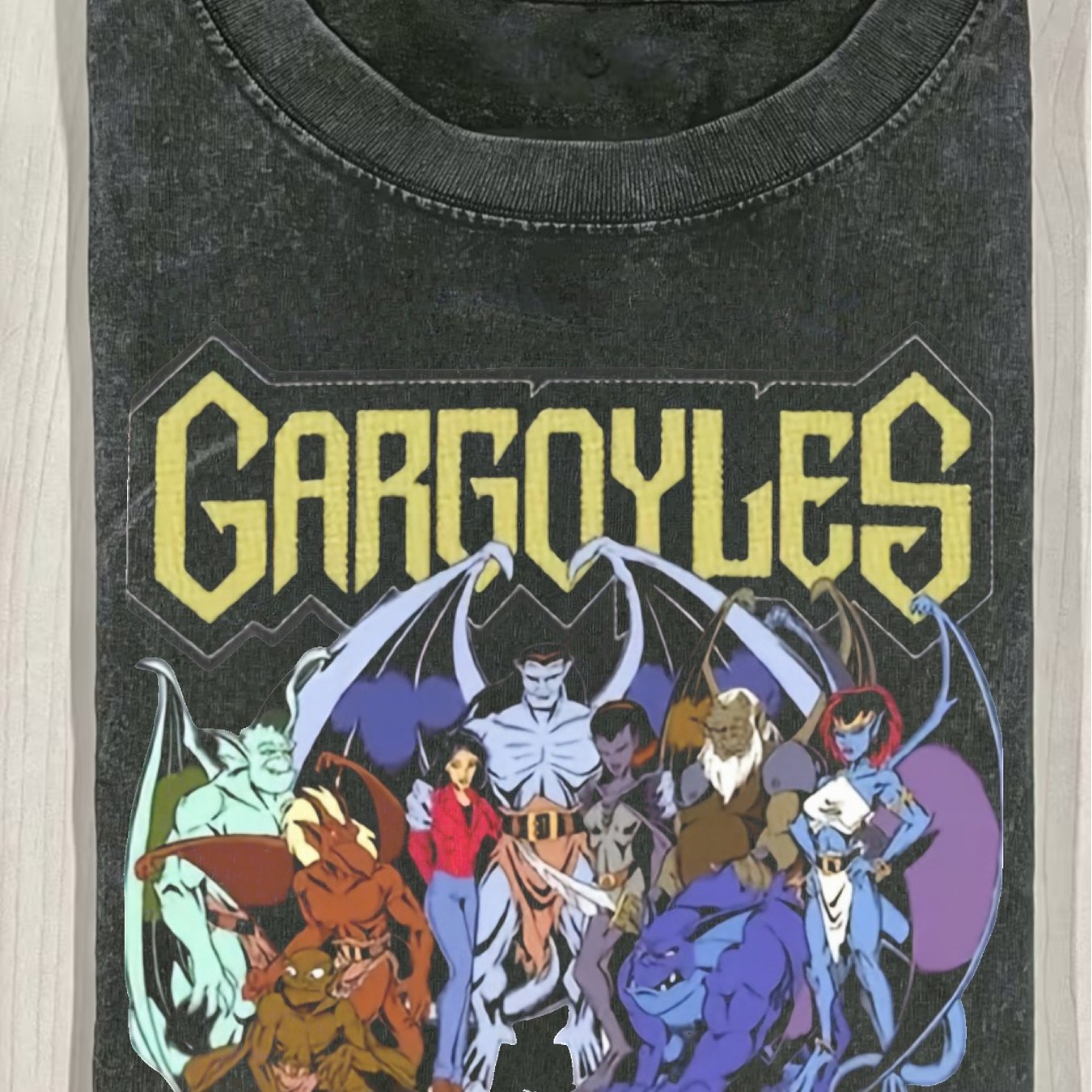 TEMU T-shirt délavé Gargouilles Rétro Années 90, T-shirt délavé Graphique Animation Vintage avec Goliath Brooklyn Broadway, Mélange Léger, T-shirt