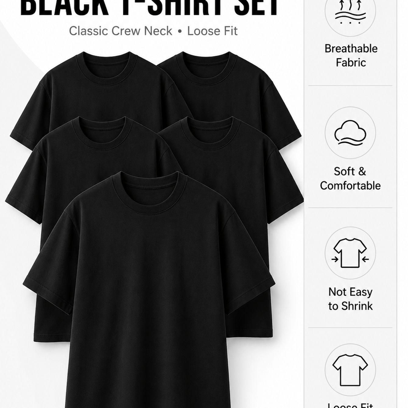 TEMU Men's 5 Pack Black T Shirts, Solid Color Short Sleeve Crew Neck Basic Tees, Plain Casual Shirts For Everyday Wear And
