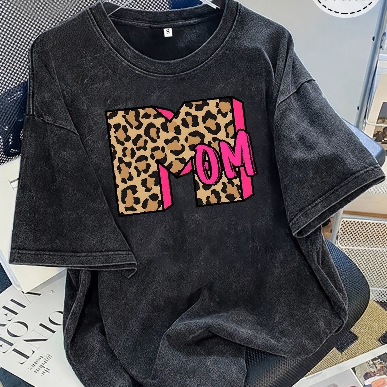 TEMU 100% Cotton, New Summer Vintage Washed Distressed Short Sleeve Washed T Shirt Featuring American Leopard Print 3d Letters And Mom Print Women's