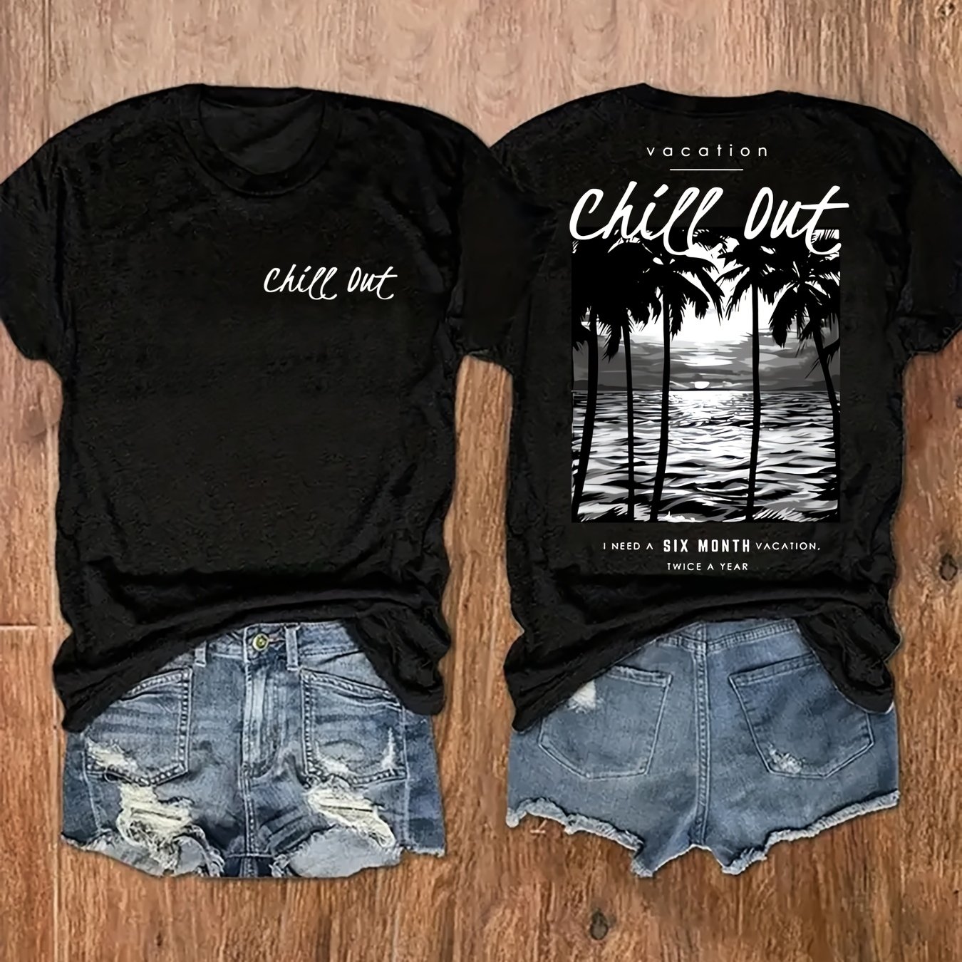 TEMU Ocean Palm Tree Print Round Neck T-shirt Casual Vacation Women's Short Sleeve Top Women's Clothing Seasonal Fashion Retro Design Women's Short