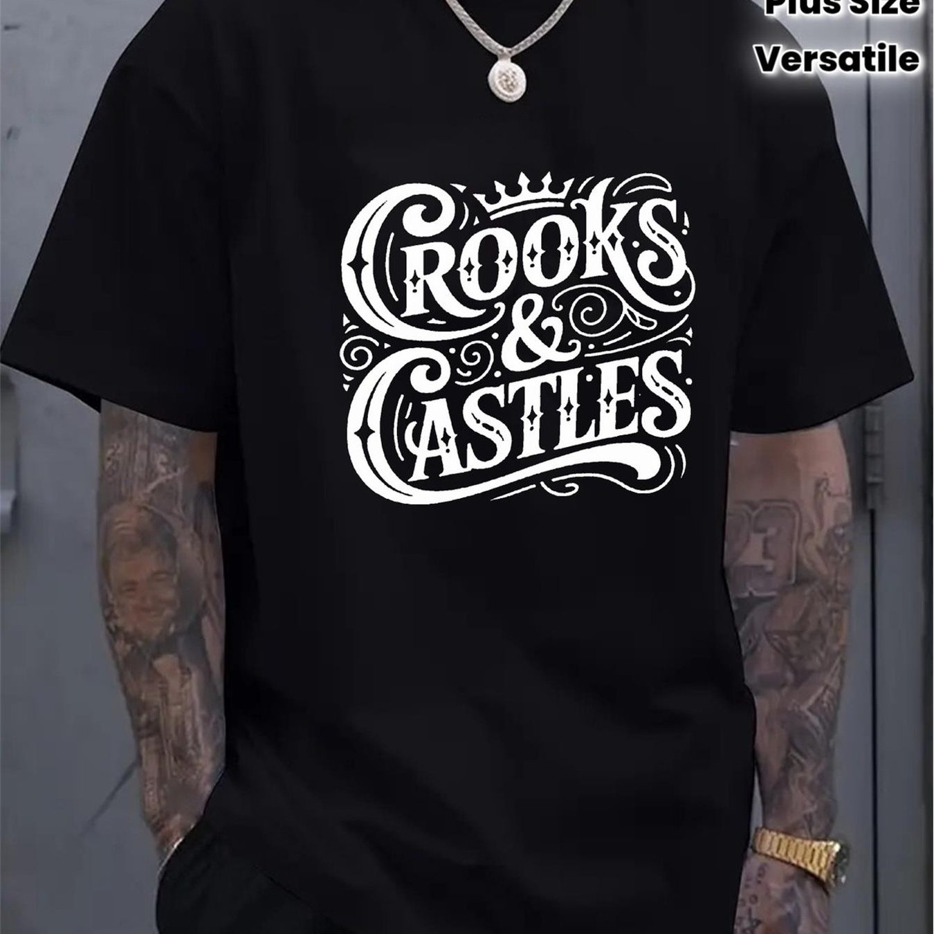 TEMU And Castles Men's Black T Shirt With White Logo Print Streetwear Essential Urban Fashion Casual Hip Hop Style Short Sleeve Round Neck Ing Summer