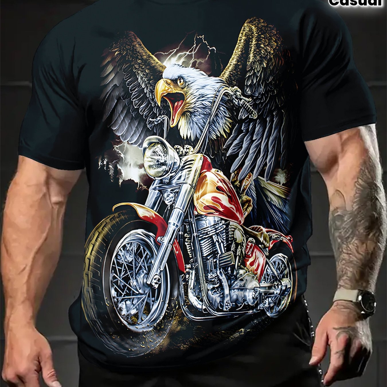 TEMU T-shirt pour Homme sur le Thème de la Moto avec Imprimé Aigle Royal Doré - Haut Décontracté Respirant à Manches Courtes et Col Ras du Cou, Idéal