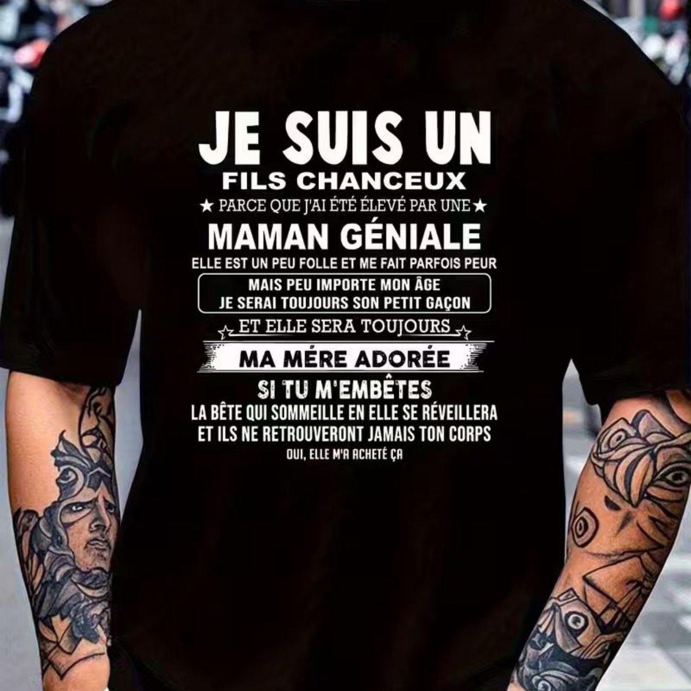 TEMU Unisex Casual Printed T-shirt ( Son & Funny Mom Quotes) – Black Short-sleeve Crew Neck Summer Style, Casual Essential, Relaxed Fit | Humor Print