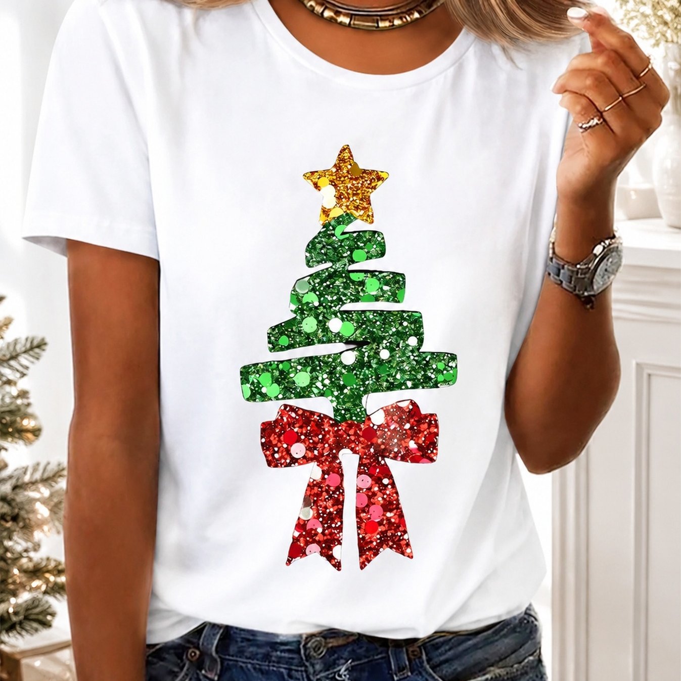 TEMU T-shirt Étincelant, Motif Arbre , Parfait pour les Célébrations, T-shirt Confortable, T-shirt Joyeux et Élégant