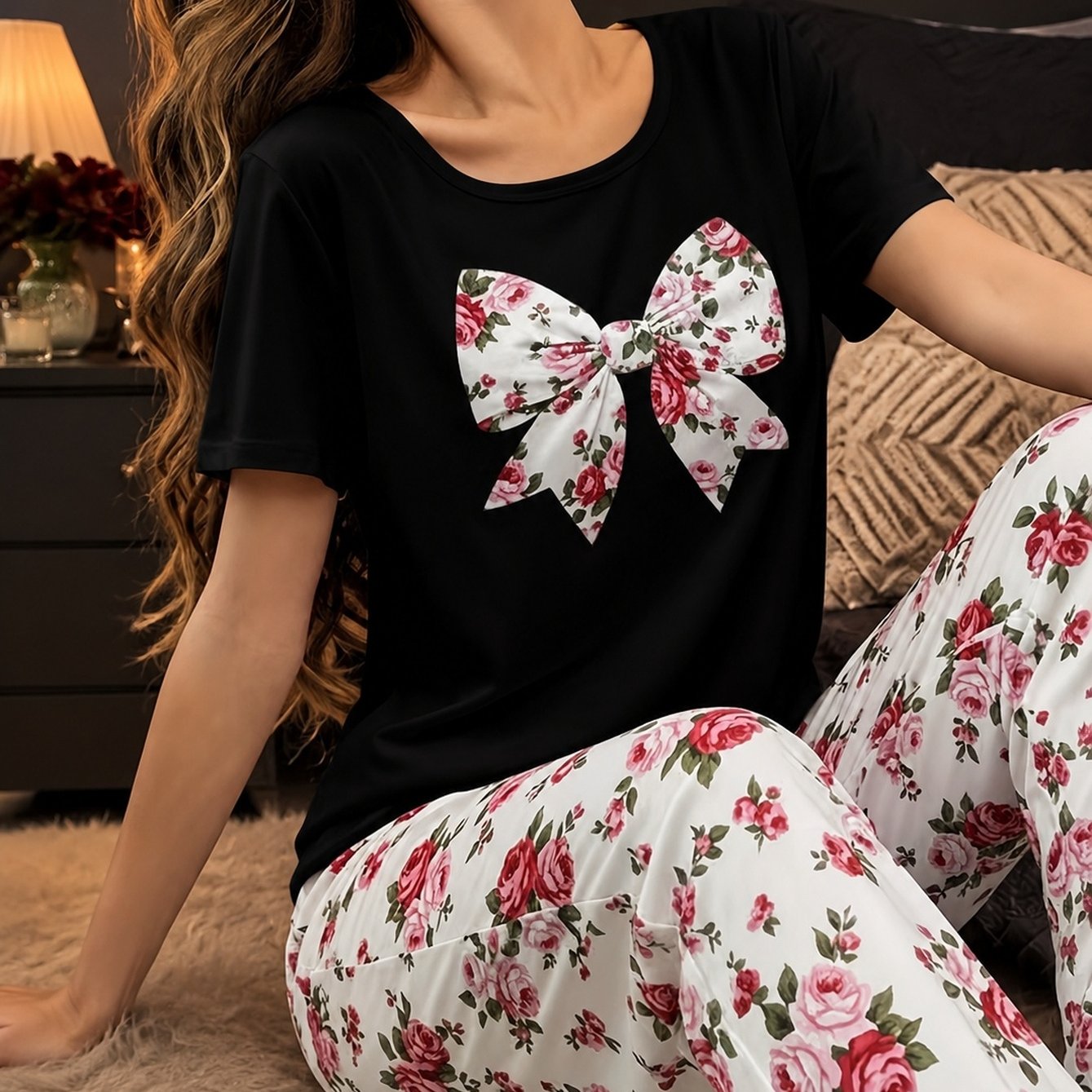 TEMU Chic Floral Bow T-shirt, Perfect For Casual Loungewear, Soft And Comfortable, , Elegant Everyday T-shirt, , Relaxed Fit T-shirt