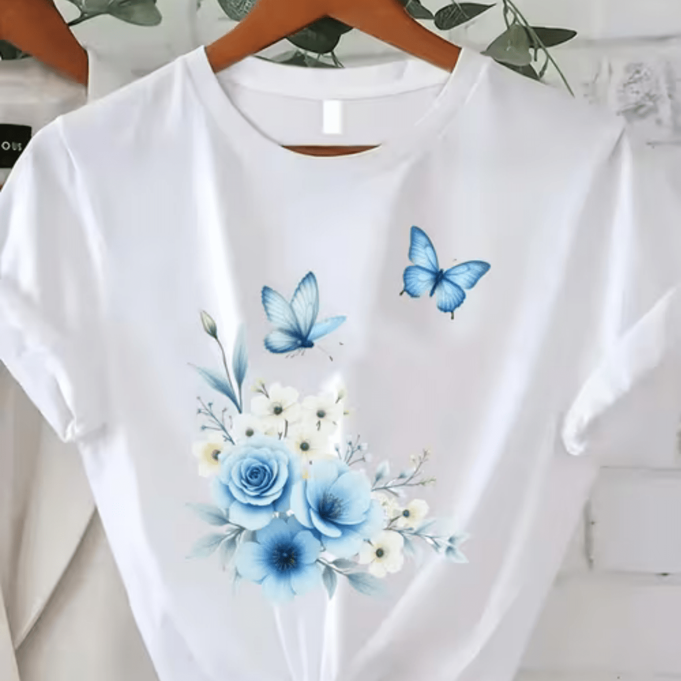 TEMU Floral Unisex T-shirt (blue Butterflies And Roses) – White Short-sleeve Crew Neck Spring Style, , Relaxed Fit | Floral T-shirt | Soft And
