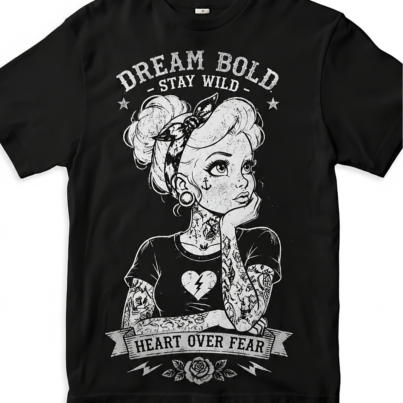 TEMU T-shirt graphique vintage "wo' avec imprimé de fille rétro, tatouage, rêve , cœur sauvage au-dessus de la peur, typographie, col rond, vêtement