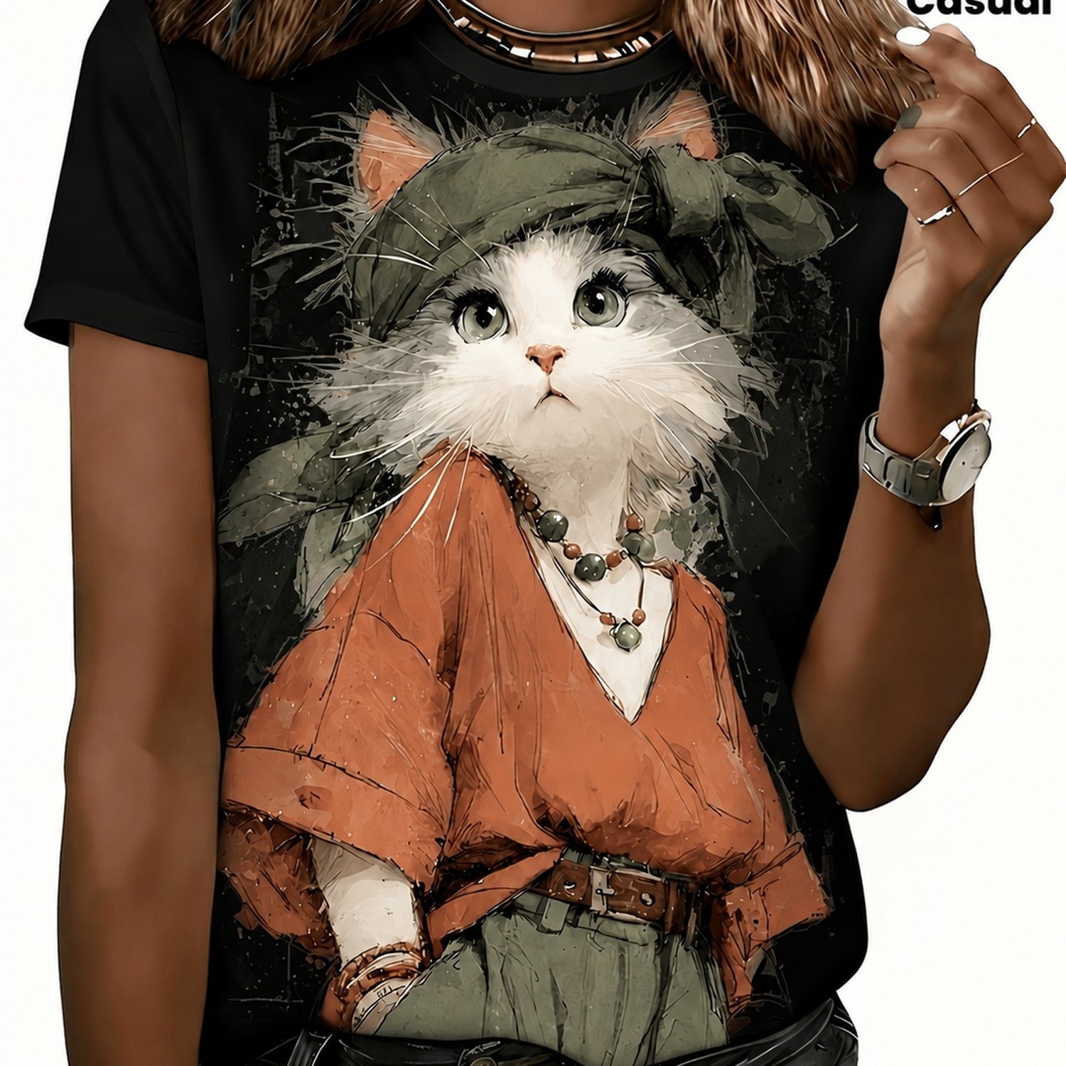 TEMU T-shirt élégant et tendance avec motif de chat, cadeau pour des chats, tenue décontractée de tous