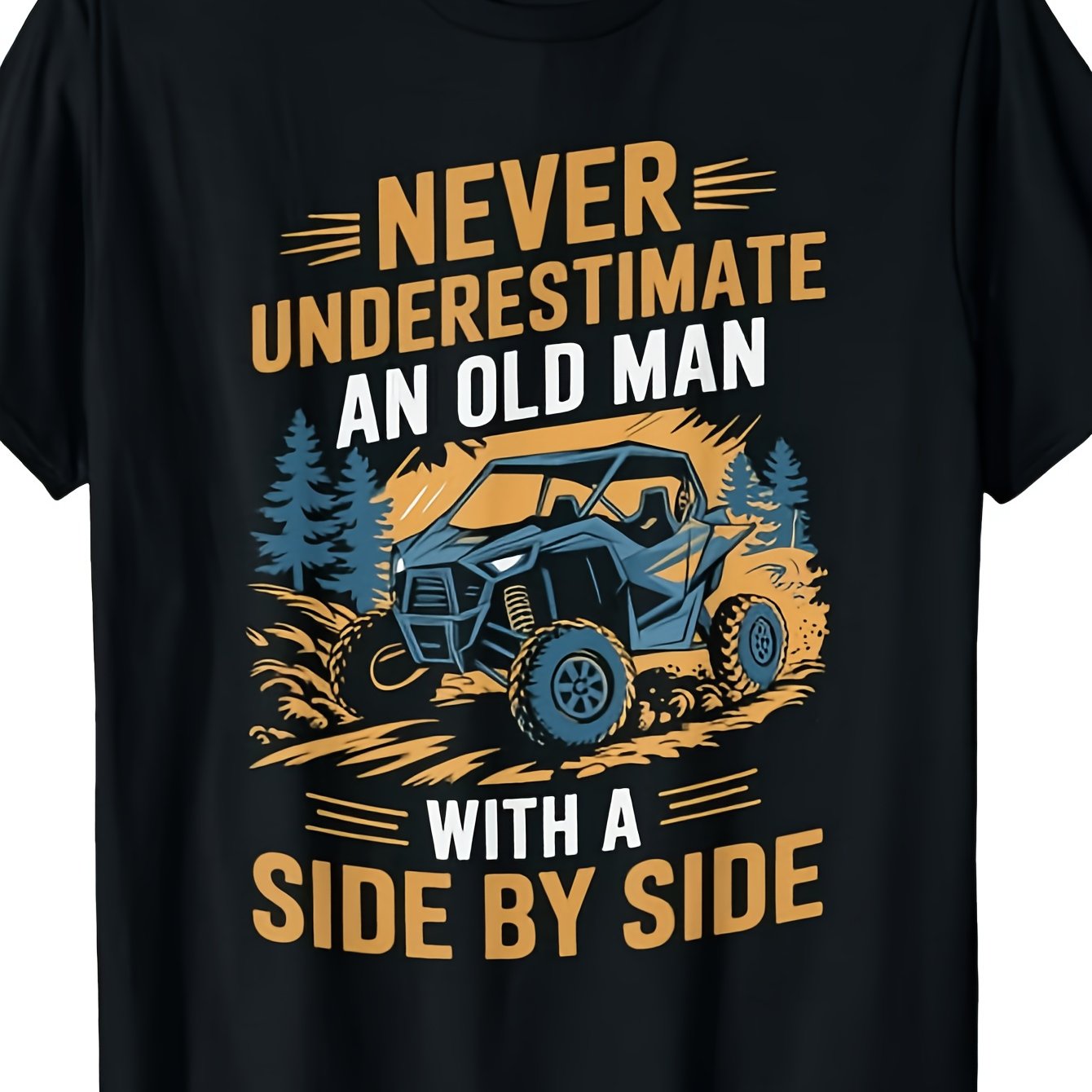 TEMU T-shirt graphique décontracté unisexe (Ne sous-estimez jamais un vieil homme avec un côté à côté) – T-shirt noir à manches courtes et col rond,