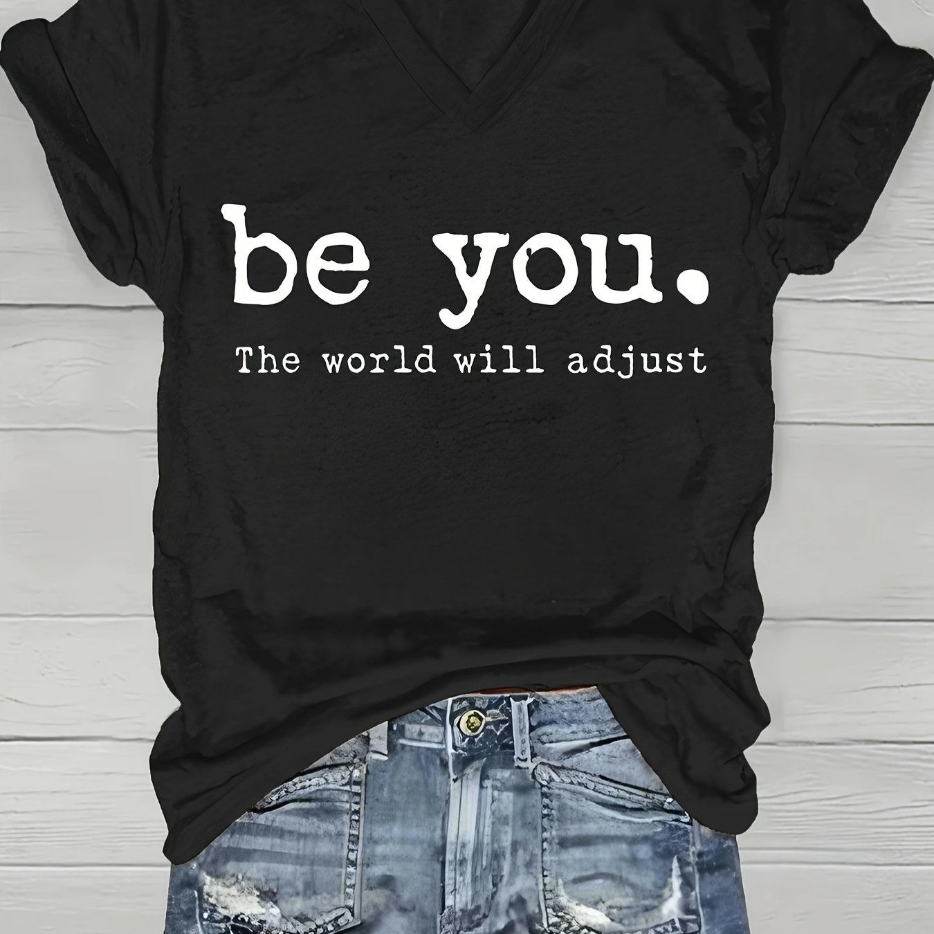 TEMU Vous, S'Ajustera T-shirt Décontracté à Col en V pour Femme, Style Européen et Américain, en Stock, Mode Saisonnière, Design Rétro, Coupe
