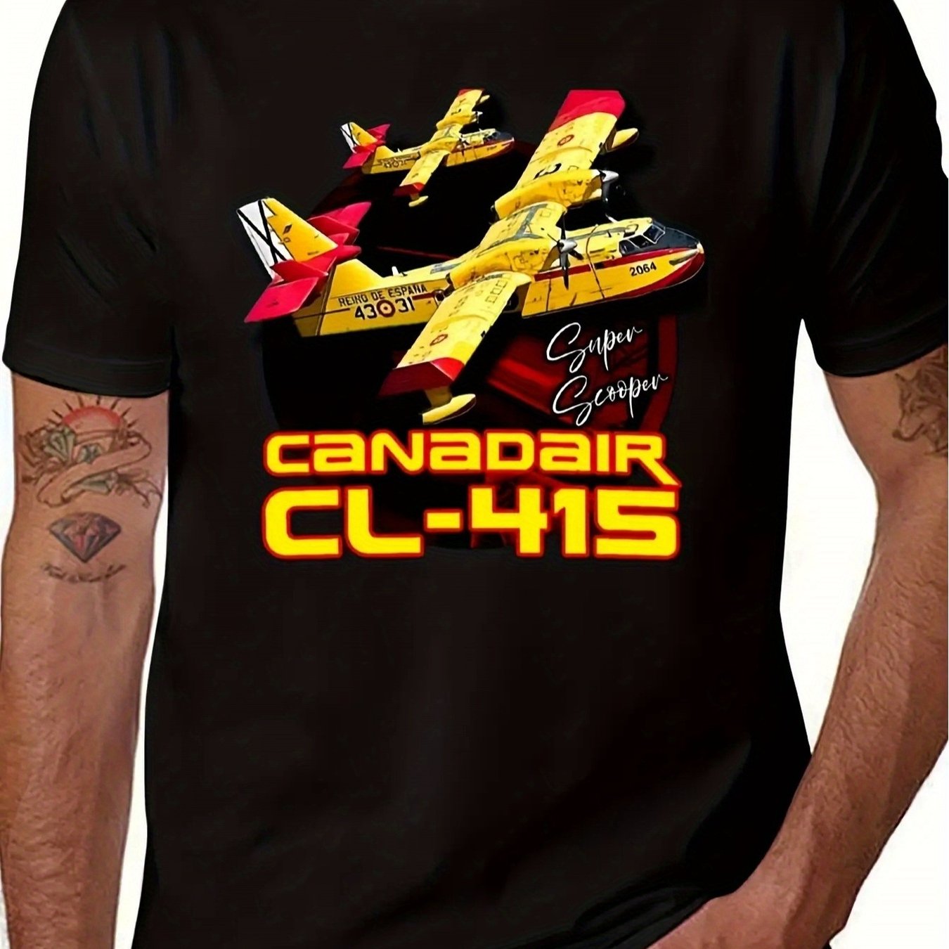 TEMU Men's Cl-415 Super Firebomber Aircraft Graphic T-shirt - Fire Aviation Tee With Red Yellow And White Retro Design Able For Fire Enthusiasts And