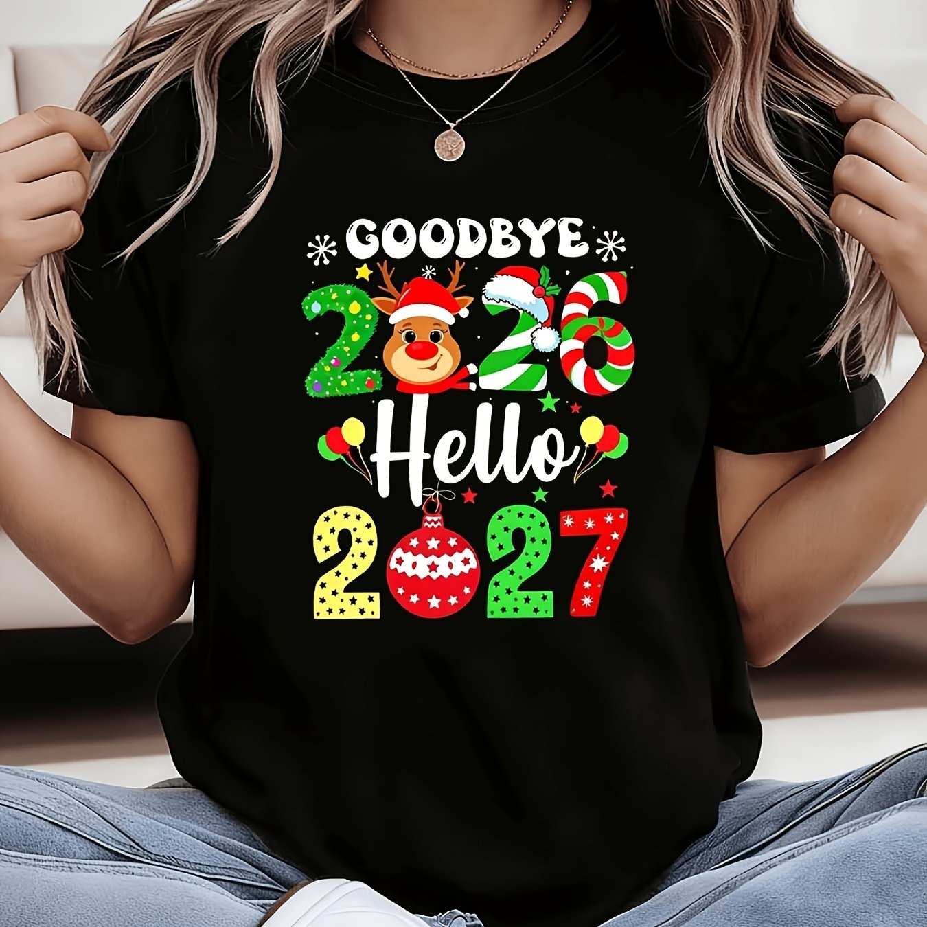 TEMU Goodbye 2026 Hello 2027 Christmas Graphic T-shirt Gift For Holiday Lovers