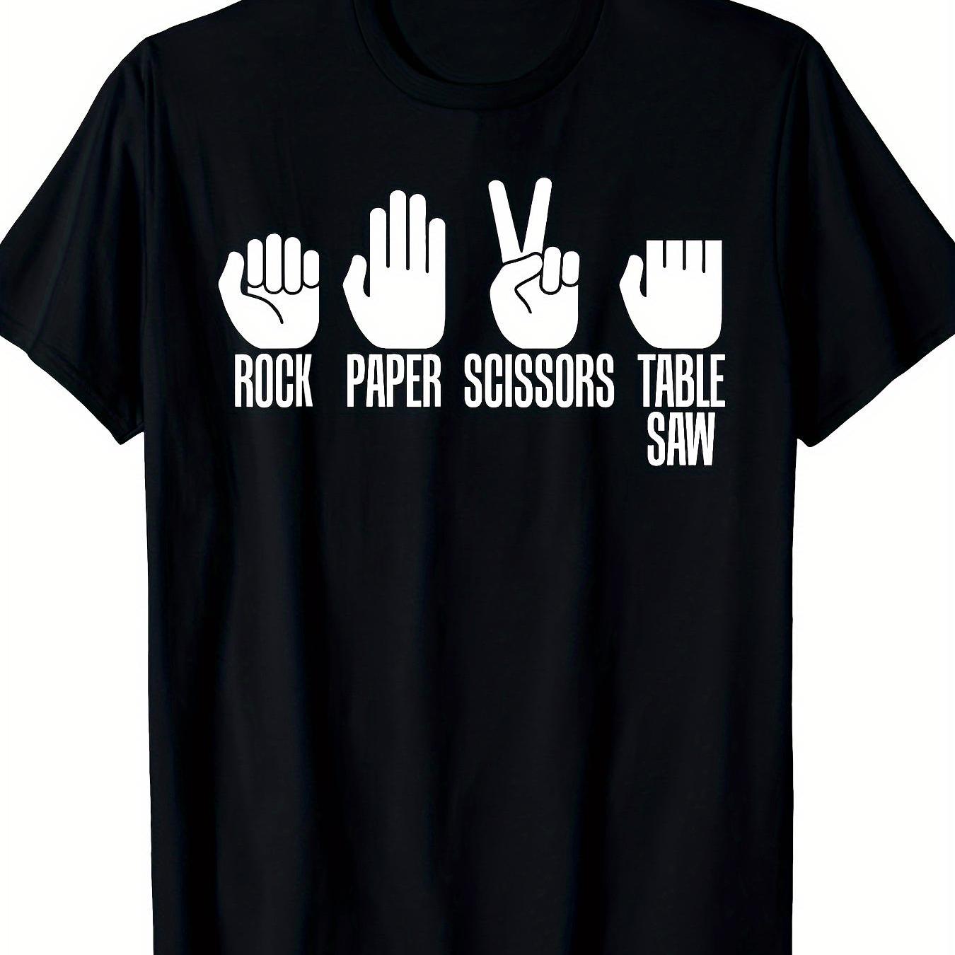 TEMU T-shirt Graphique Rock Papier Ciseaux Scie Circulaire – T-shirt Noir Amusant à Manches Courtes et Col Rond, Style , Décontracté, Coupe Relaxée |