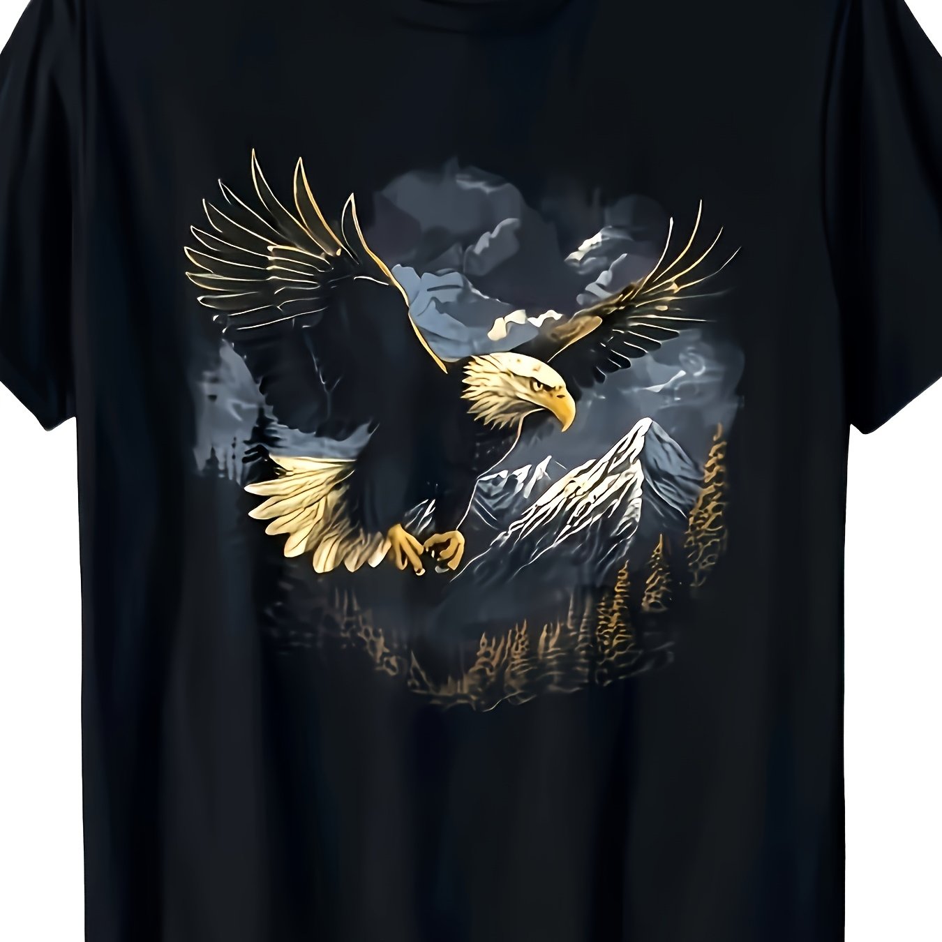 TEMU Men's Eagle Mountain Graphic T Shirt Black Artistic Eagle And Snowy Landscape Design Machine Washable Regular Season Wear Perfect Gift For Men