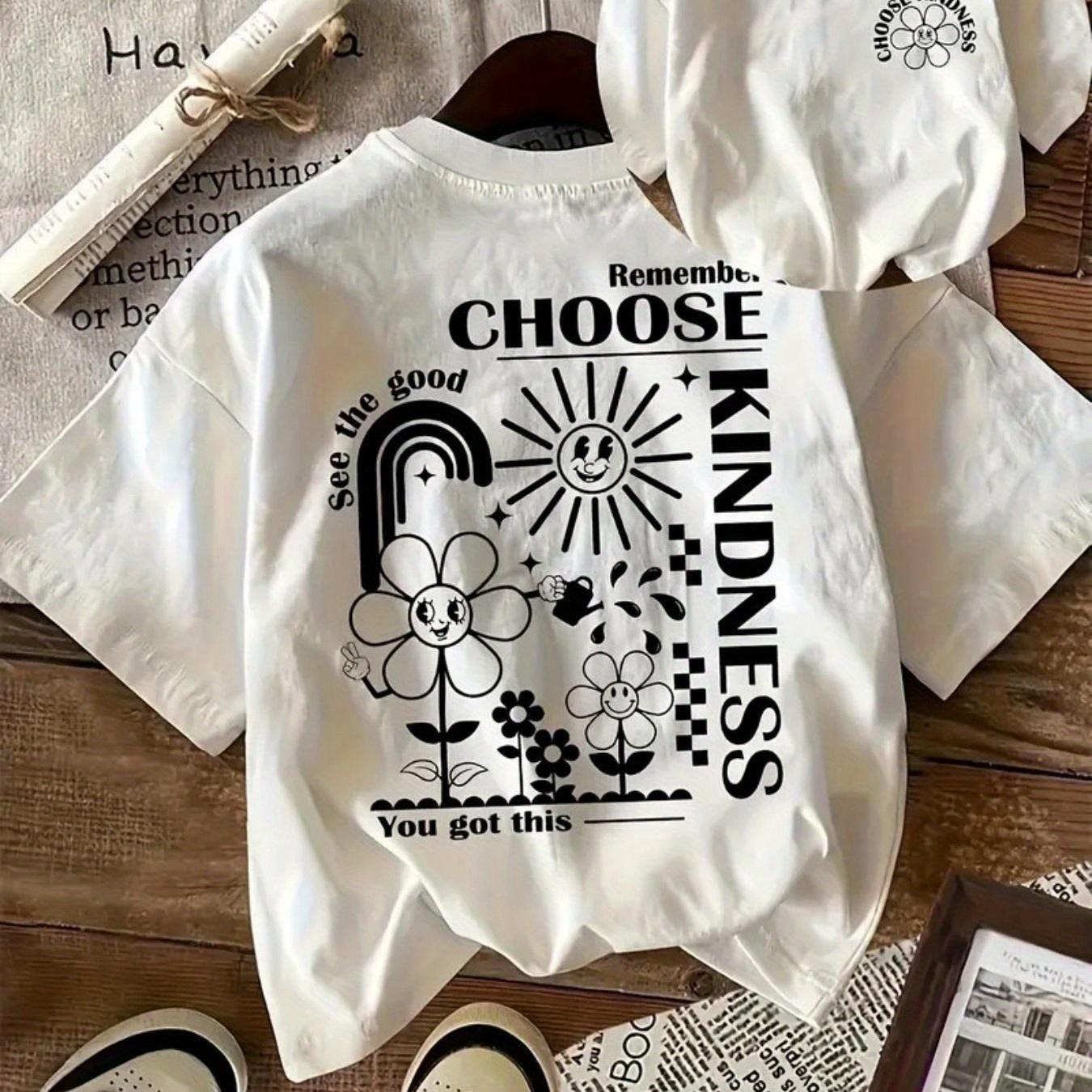 TEMU T-shirt unisexe décontracté à imprimé (motif Choose Kindness) – Blanc à manches courtes et col ras du cou, style été, aux , coupe décontractée |