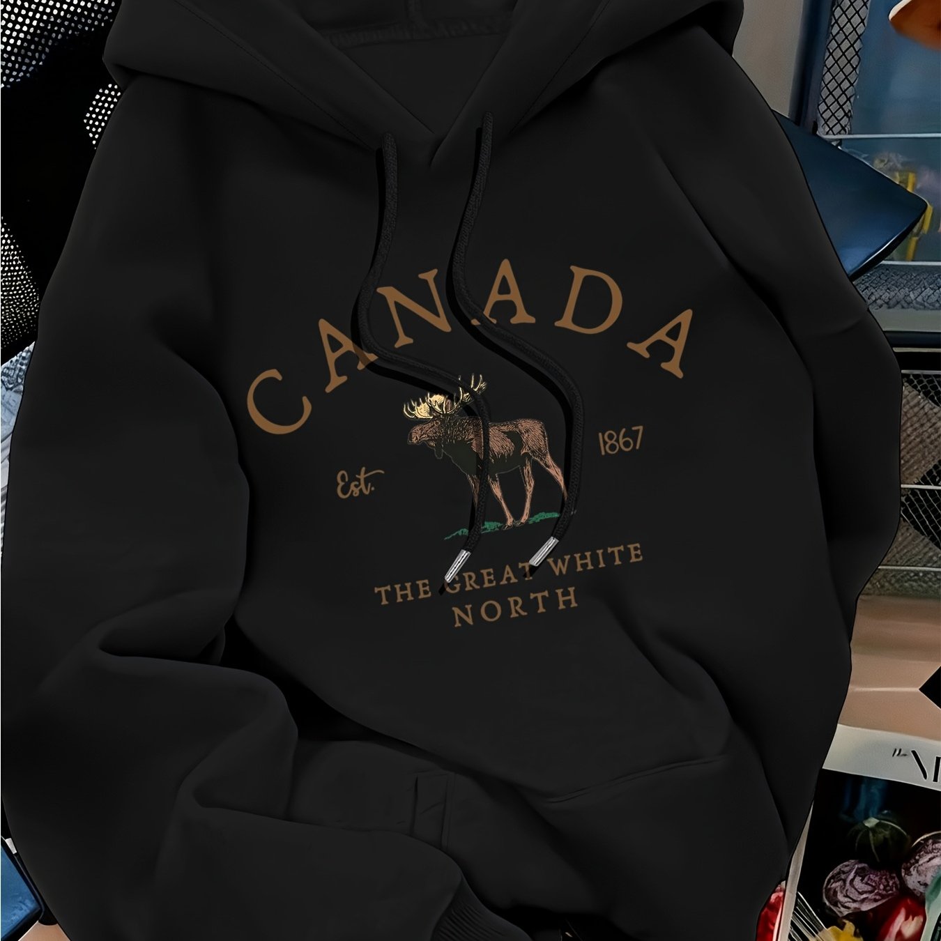 TEMU Sweat à capuche à manches longues et imprimé lettres tendance 2025, coupe ample, noir, lavable en machine, tricot automne/hiver, tenue