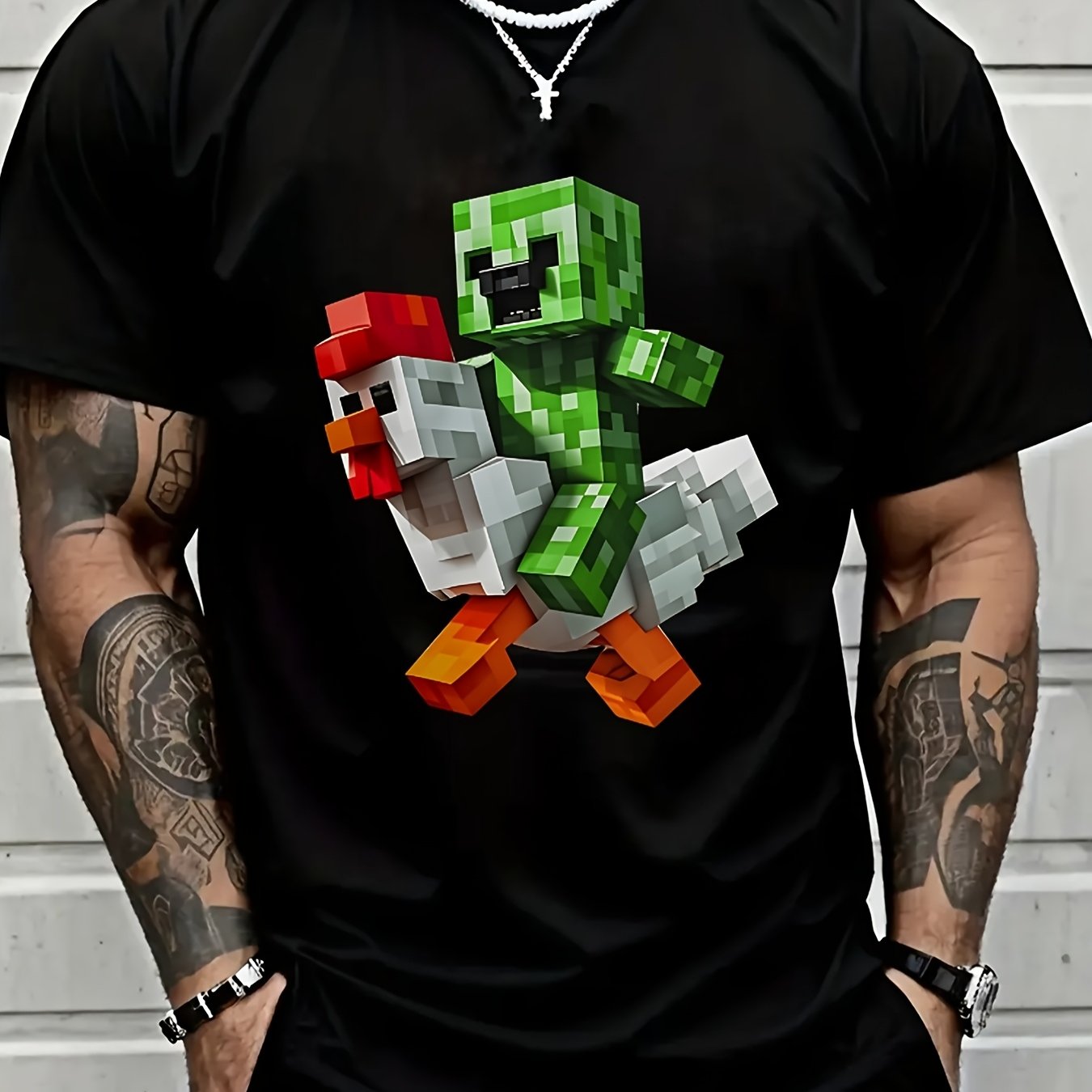 TEMU Men's Lightweight T Shirt Pixel Creeper On A Chicken Summer Round Neck Machine Washable Ideal For Everyday And Outdoor Use Casual Fit Breathable
