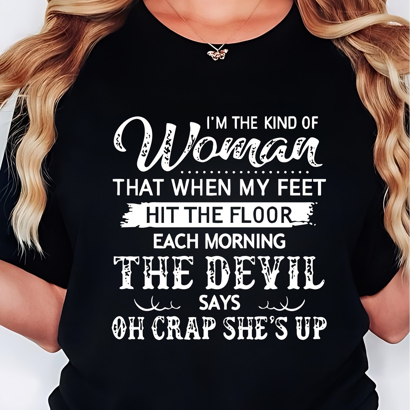 TEMU Plus Size Plus Size Plus Size Women's Plus Size Oversized I Wake Up When The Devil Has A Slogan T Shirt Casual Short Sleeve Round Neck Blouse