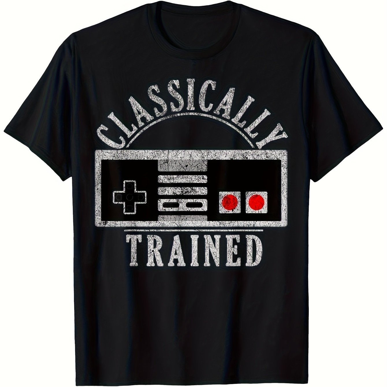 TEMU T-shirt unisexe décontracté d'inspiration rétro gamer (entraîné classiquement avec motif de ) – Noir, manches courtes, col rond, style gaming,