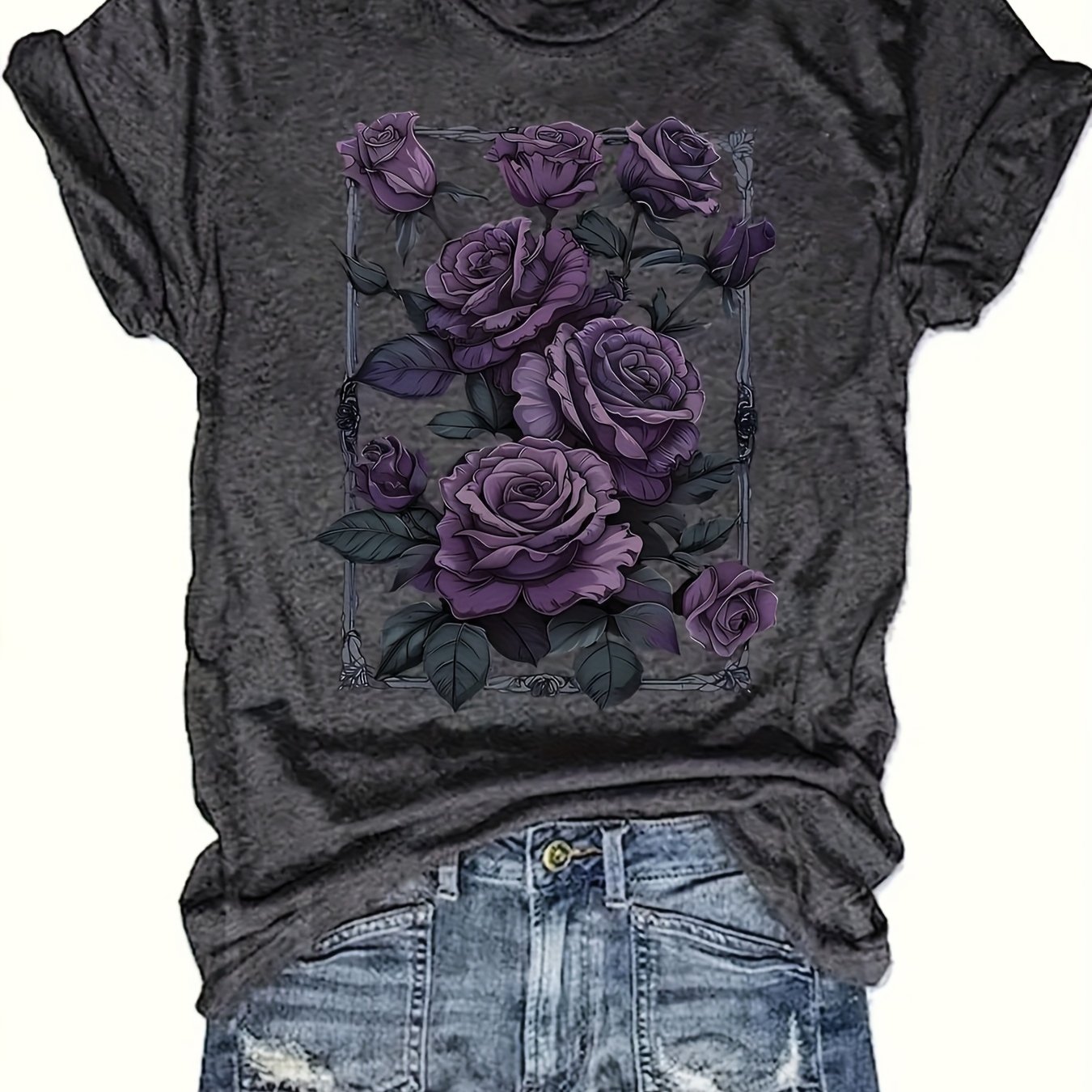 TEMU T-shirt vintage pour femme avec rose violette et texte - Haut à col ras du cou et manches courtes à motif floral lilas foncé et bordeaux avec
