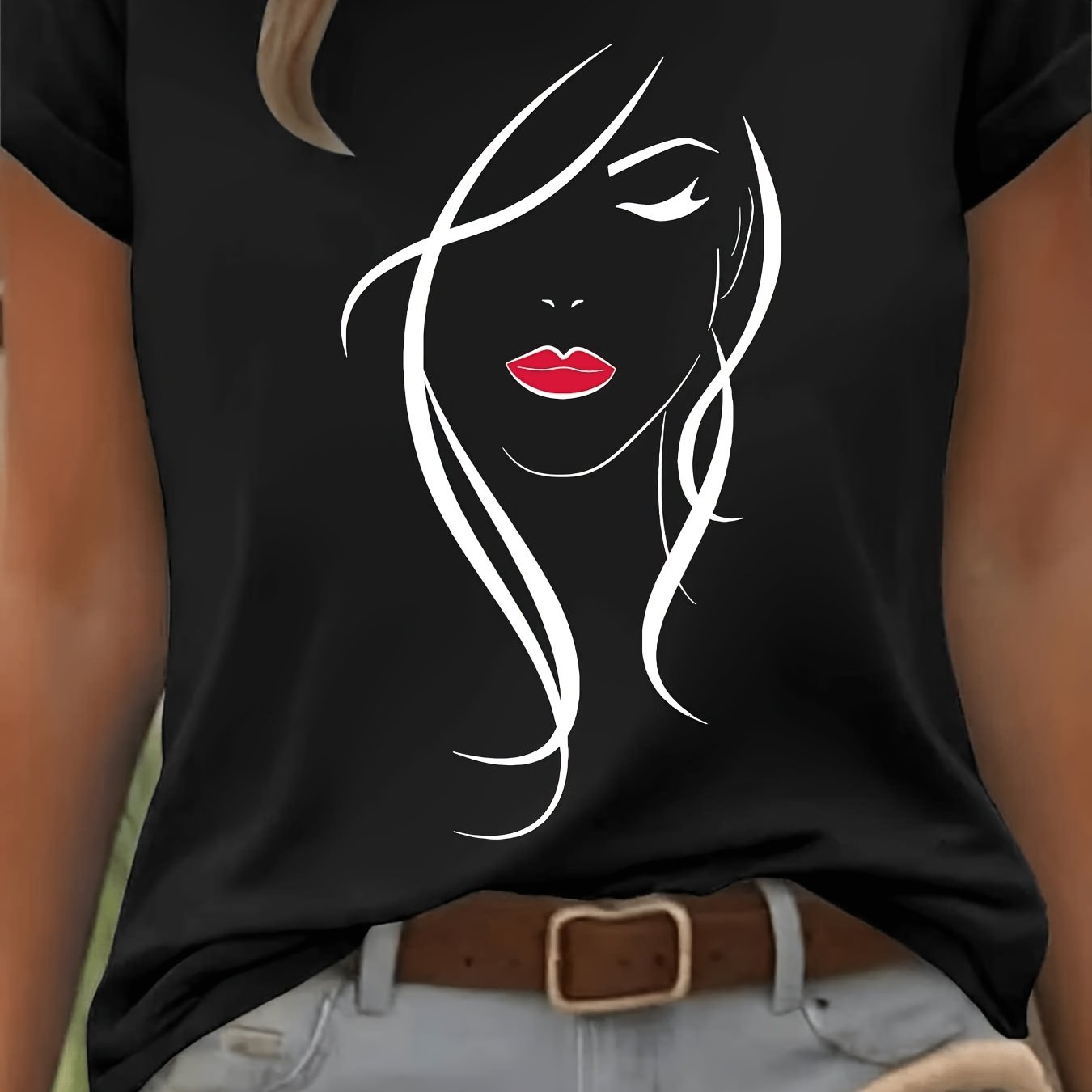 TEMU T-shirt à manches courtes pour femme à abstraits de du visage féminines, coupe ample, style sportif et de fête, , élégant, , cadeau, doux,