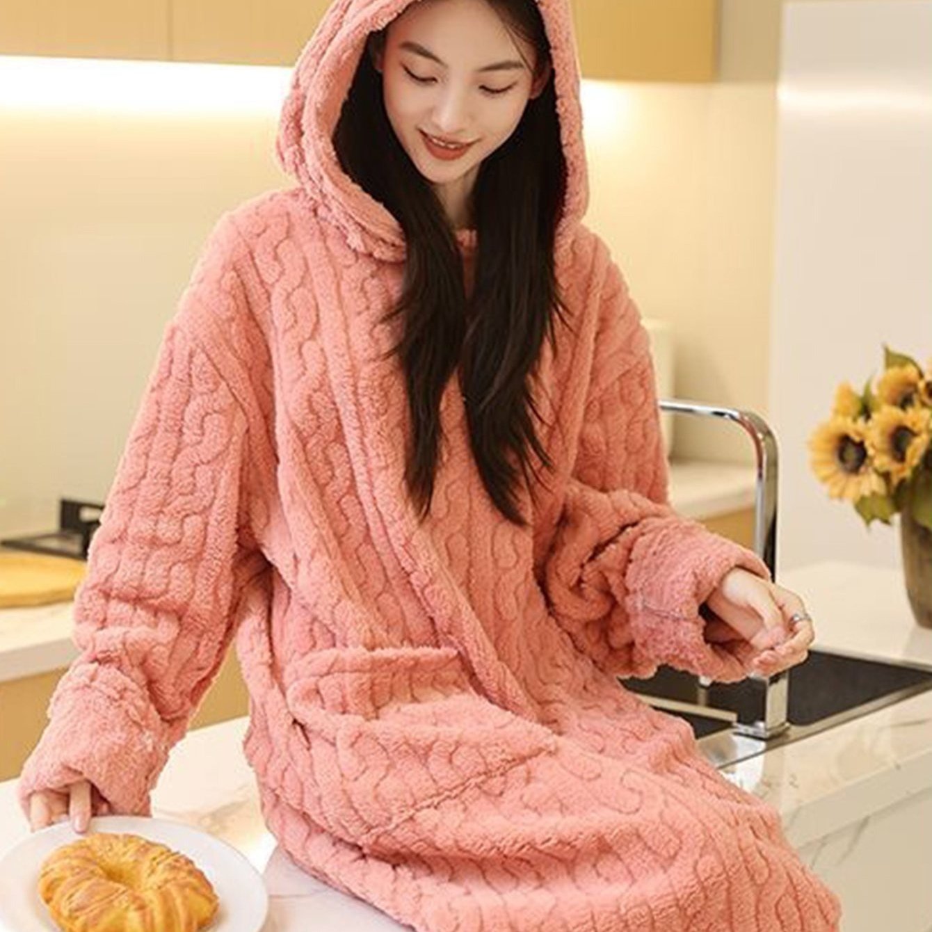 TEMU Pyjama en velours jacquard avec bonnet, style automne-hiver, pyjama épais en velours, vêtement long