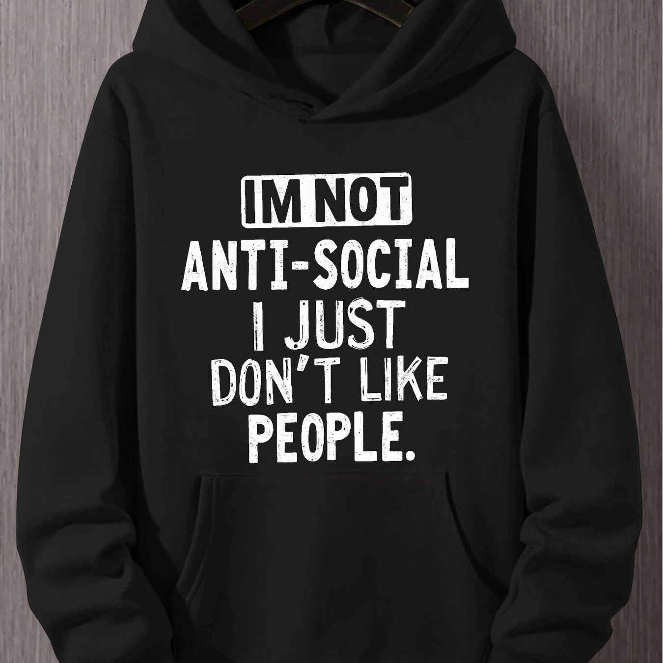 TEMU Sweat à capuche noir pour homme avec typographie vintage et un thème anti-social, sweat à capuche noir à cordon de serrage avec et cordon de