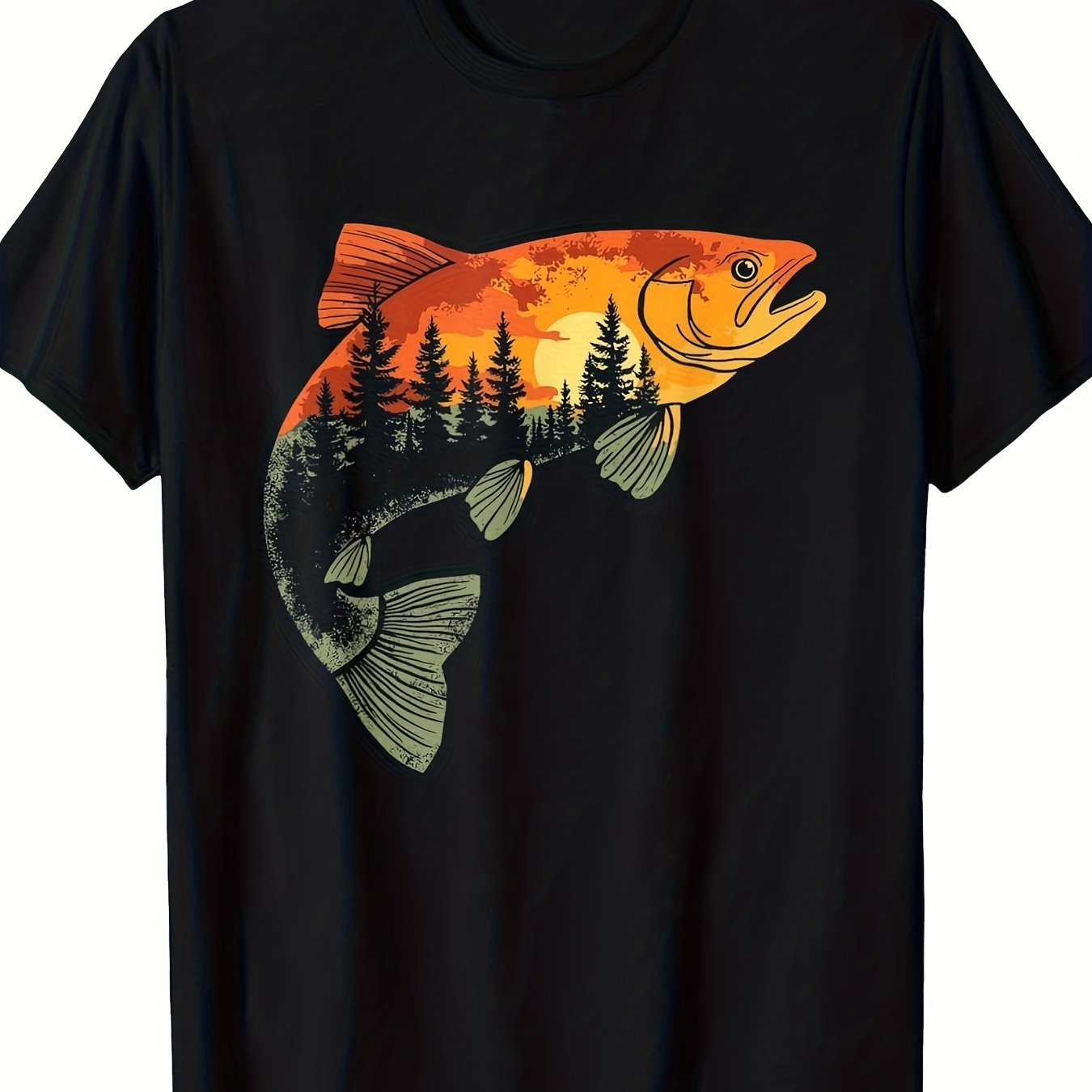 TEMU Fishing, Trout, Fly Fishing, Angler Fisherman, Nature Forest T Shirt Men's Loose Fitting Black Breathable Short Sleeved T Shirt
