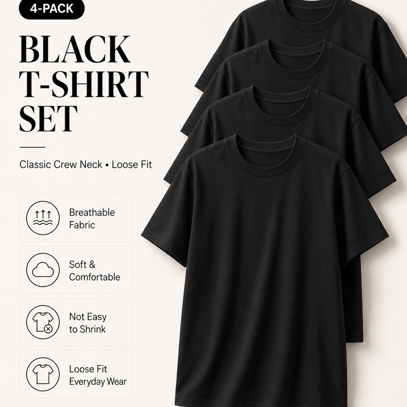 TEMU Lot de 4 T-shirts Noirs pour Homme, T-shirts à Manches Courtes et Col Ras du Cou Résistants au Rétrécissement, Hauts Décontractés pour un Usage