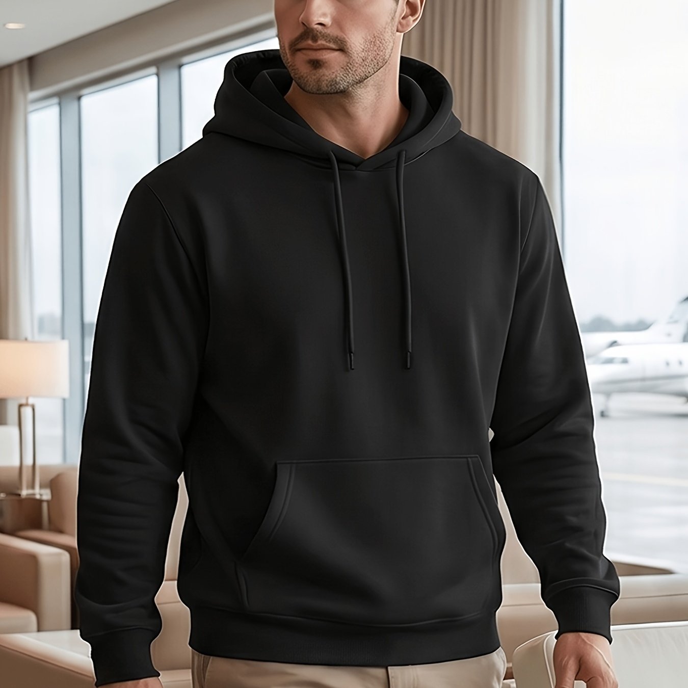 TEMU Men’s Black Hoodie Basic Solid Color Hooded Sweatshirt Loose Drawstring Design Kangaroo Pocket Longsleeved Pullover Versatile Casual Top For