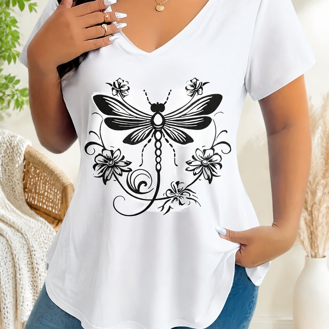 TEMU T-shirt noir élégant avec motif , stylé et unique, t-shirt décontracté au doux, parfait pour un usage , t-shirt avec accents floraux, t-shirt à
