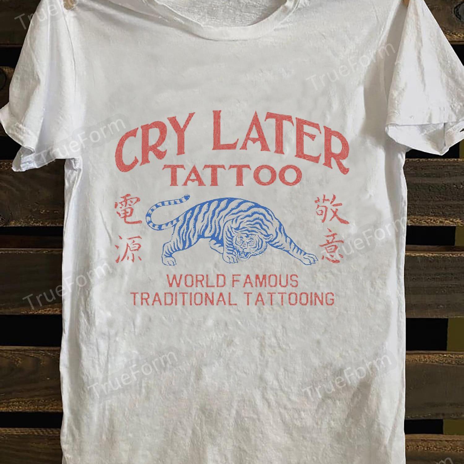 TEMU Unisex Graphic T-shirt ( Tiger Print And Vintage Tattoo Design) – White Short-sleeve Crew Neck Summer Essential, Trendy Style, Relaxed Fit |