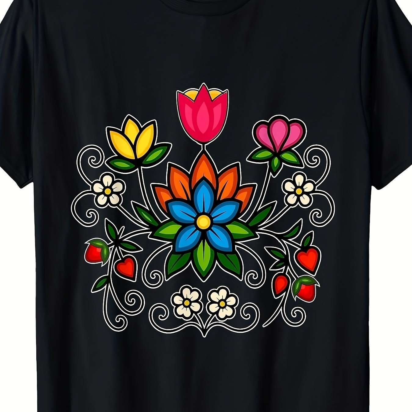 TEMU T-shirt unisexe Indian à manches courtes avec motif floral d'été de plantes et de fleurs des bois, fabriqué en tissu pur