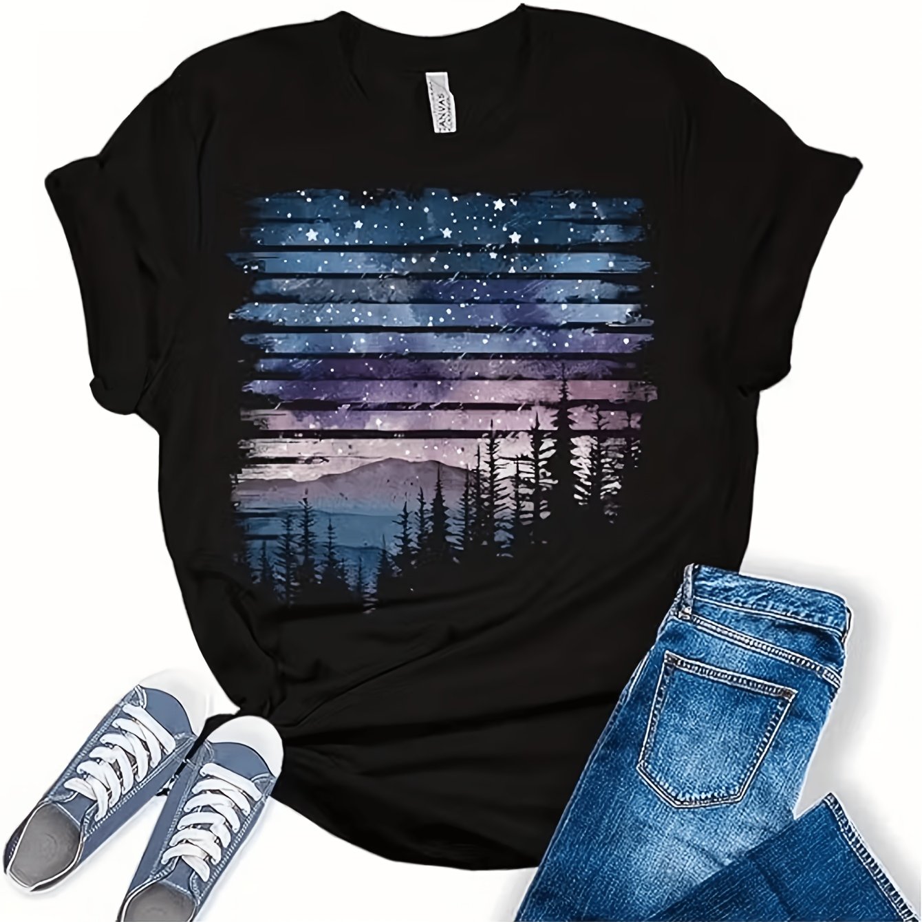 TEMU T-shirt graphique décontracté Pinède et Montagne au , confortable et aéré, idéal pour le camping air toute l'année. Coupe ample, col rond,