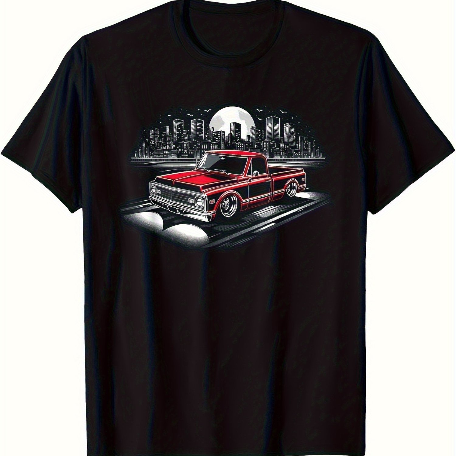 TEMU Classic Retro Car Graphic T-shirt – Black Short-sleeve Crew Neck, Design For Stylish Casual Looks, Perfect For Car Enthusiasts | Vintage Pickup