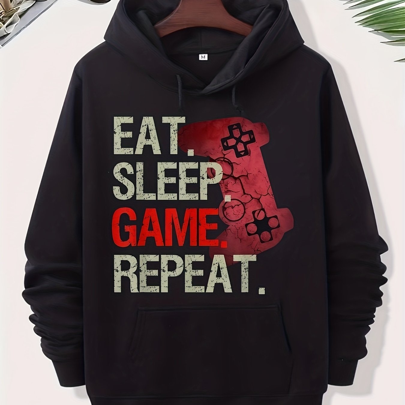 TEMU Sweat à capuche de gamer pour homme avec motif de jeu « Game Repeat » et texte noir/rouge, coupe ample, pull à capuche avec poche , lavable en