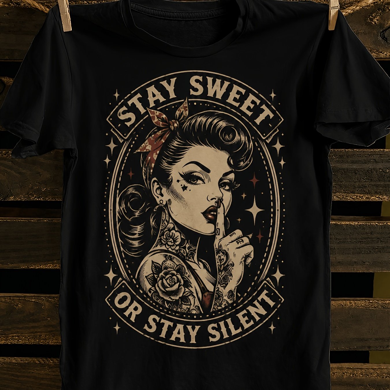 TEMU T-shirt unisexe vintage rockabilly à col ras du cou et manches courtes avec imprimé tatouage « Or »