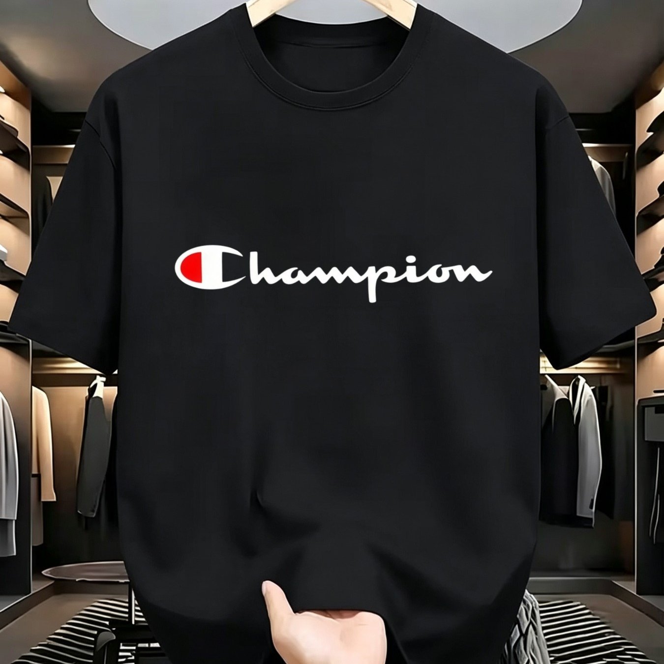 TEMU T-shirt décontracté à manches courtes et col rond pour homme, T-shirt Champion avec logo imprimé, haut confortable pour et .