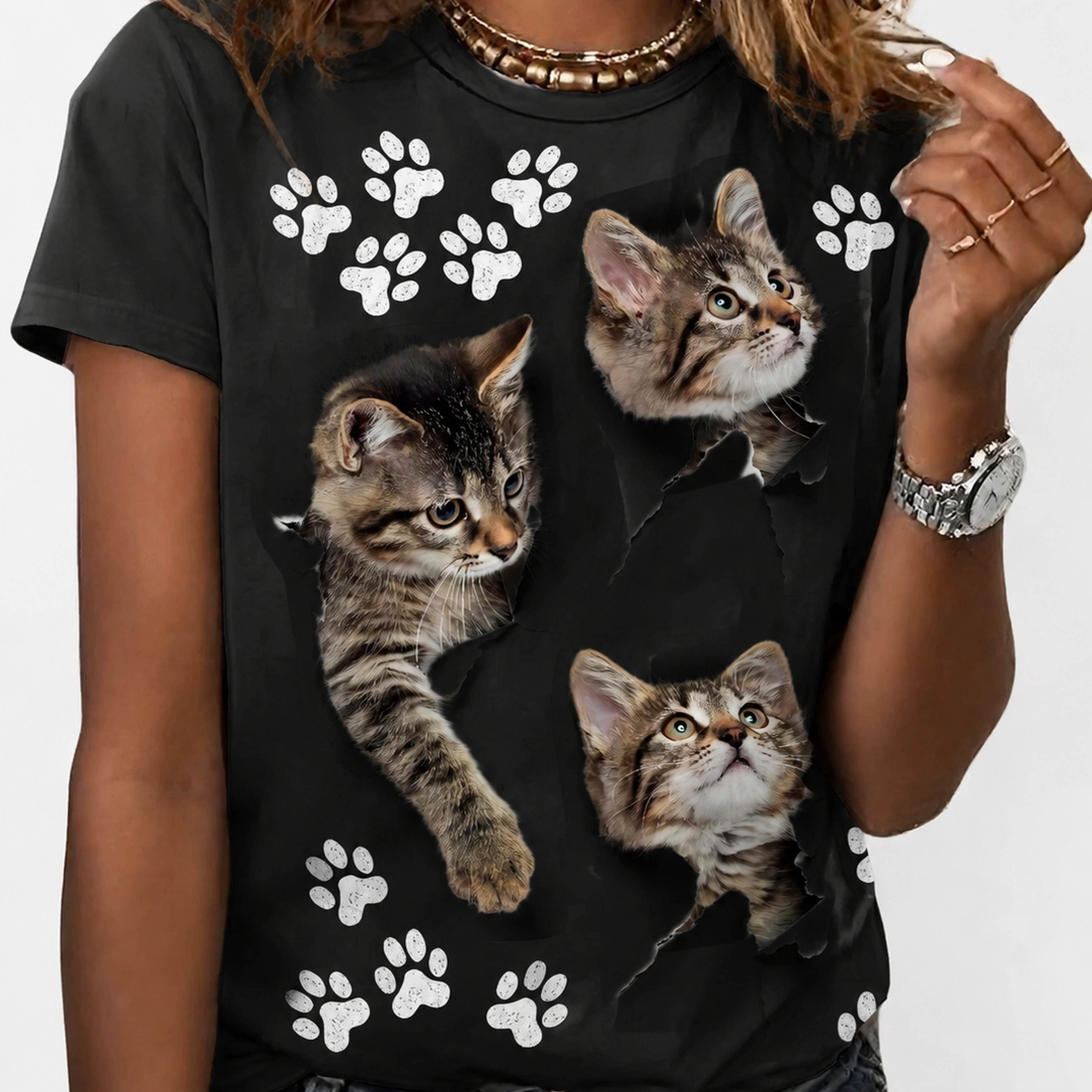 TEMU T-shirt Cadeau avec Chatons et Empreintes de Pattes - Idéal pour des Chats et des Animaux