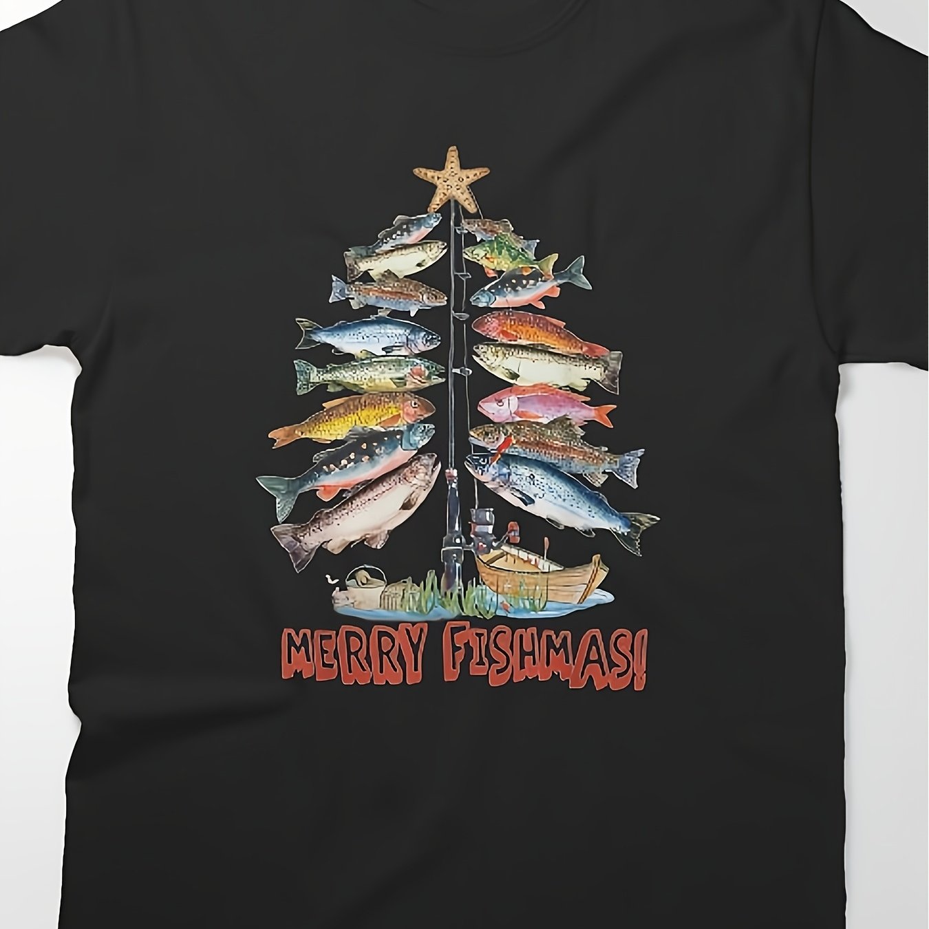 TEMU T-shirt Homme Vintage Pêche Sapin de Noël Joyeux Pêche Noël ! Graphique avec Design de Poisson T-shirt Noir Col Rond pour Fêtes d'Année Voyages